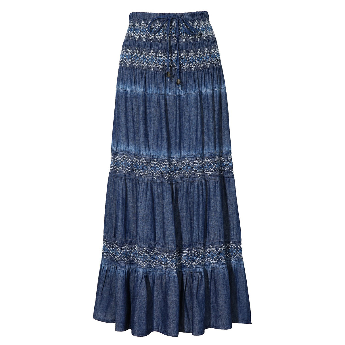 DREFBUFY Womens Denim Skirt High Waist Pleated Tiered Long Skirts Maxi Casual Style Jean Dress for Women