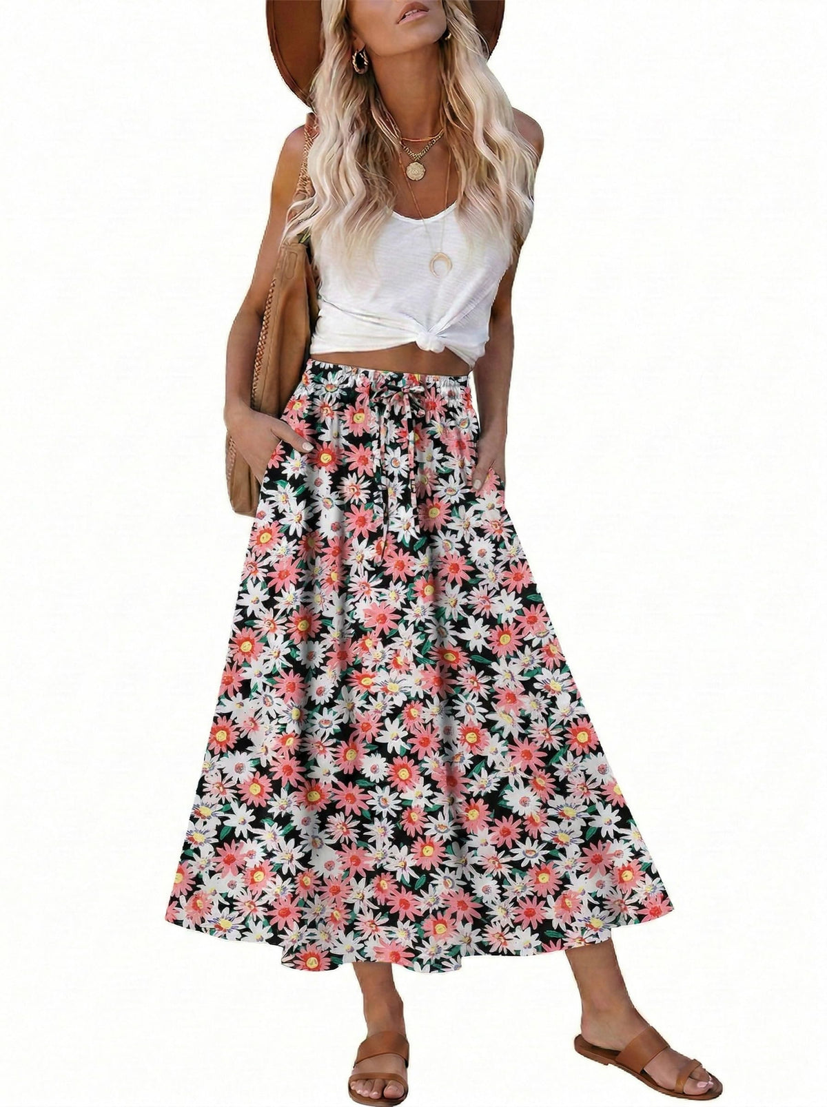 Magritta Women's Print Midi Skirt with Pocket Elastic High Waist 2026 Trendy A-Line Bohe Leopardr Swing Skirts for Women