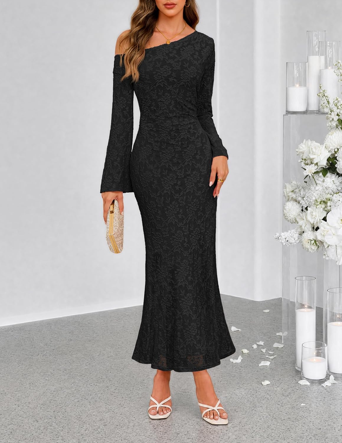 MEROKEETY Women's Lace Off The Shoulder Fall Wedding Guest Cocktail Dress