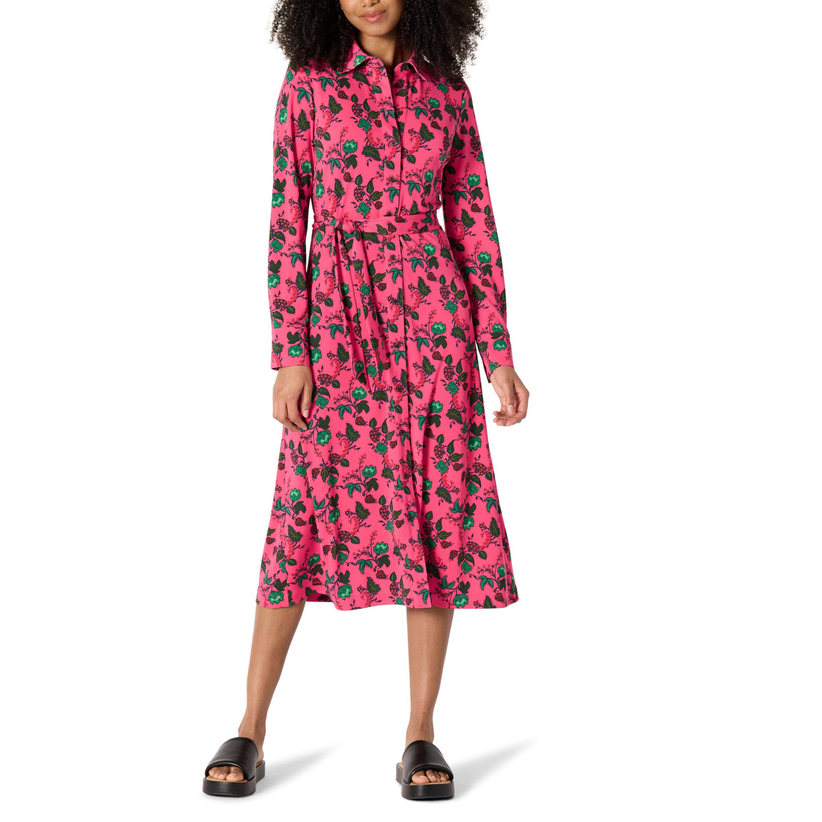 Amazon Essentials Women's Regular-Fit Matte Jersey Midi Length Dress with Classic Collar, Button Front, Removable Belt