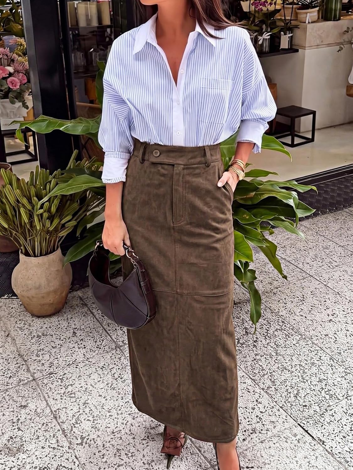 Cicy Bell Womens Suede Maxi Skirt High Waisted Slit Patchwork Pencil Skirts