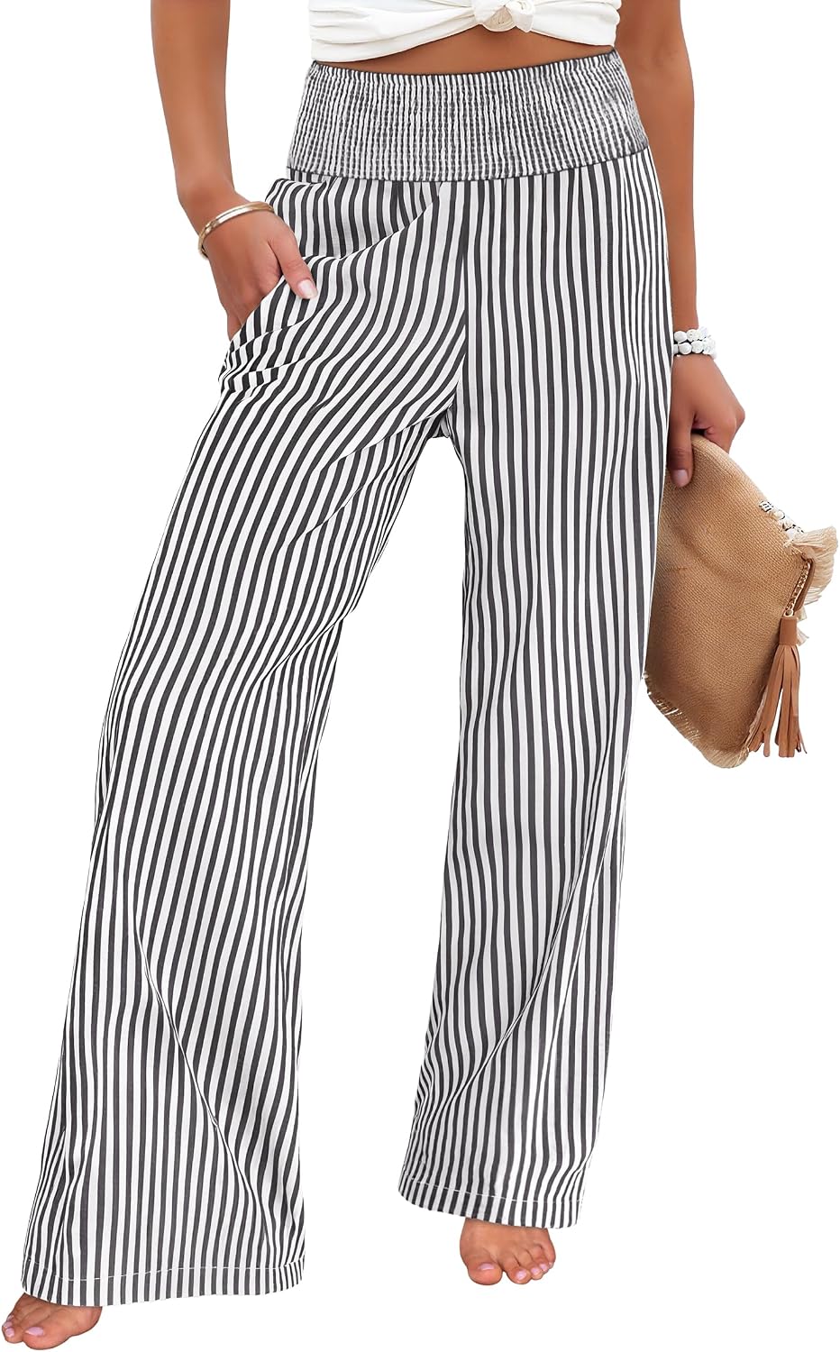 ANRABESS Womens Striped Gingham Wide Leg Palazzo Pants with Pockets