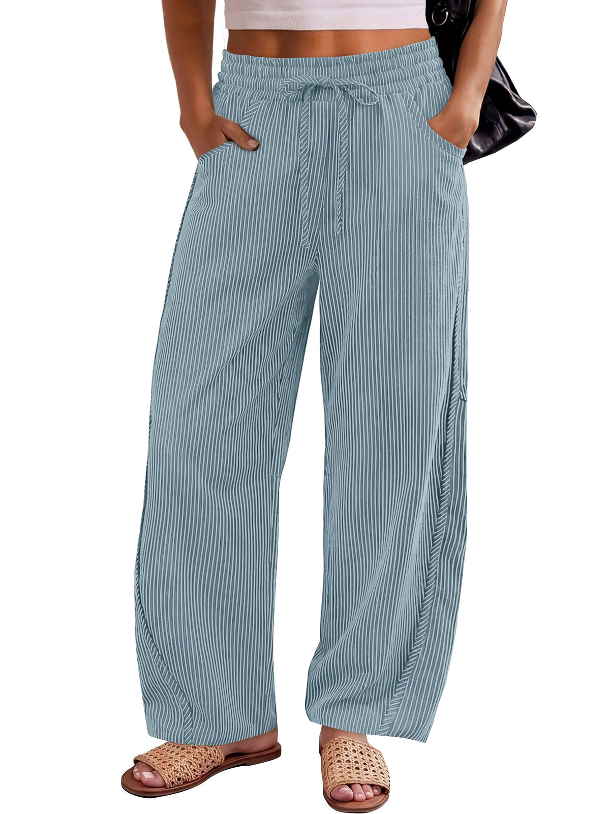 ANRABESS Womens Striped Barrel Casual Pants 2026 Trendy Summer Elastic Drawstring Baggy Lounge Wide Leg Trousers with Pockets