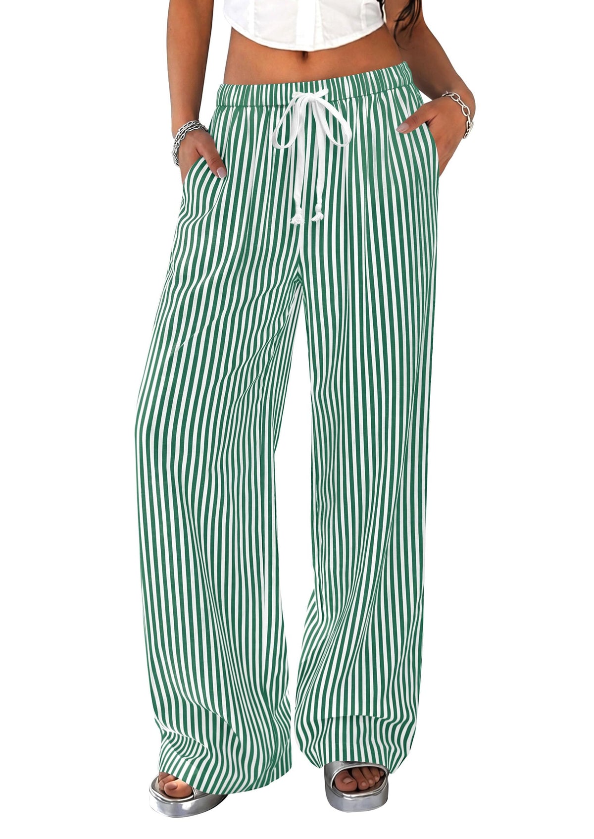 PRETTYGARDEN Striped Wide Leg Pants Women Loungewear with Pocket