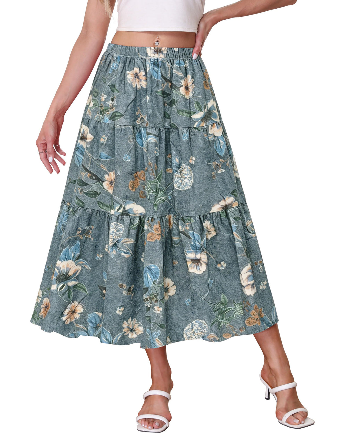 Kingfancy Women's Boho Midi Skirt A-Line Flowy Skirts
