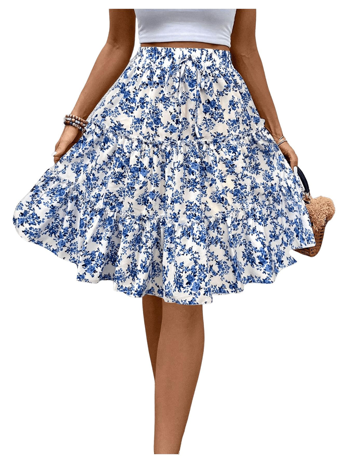 WDIRARA Women's Floral Boho Ruffle Knee Length Summer Skirt