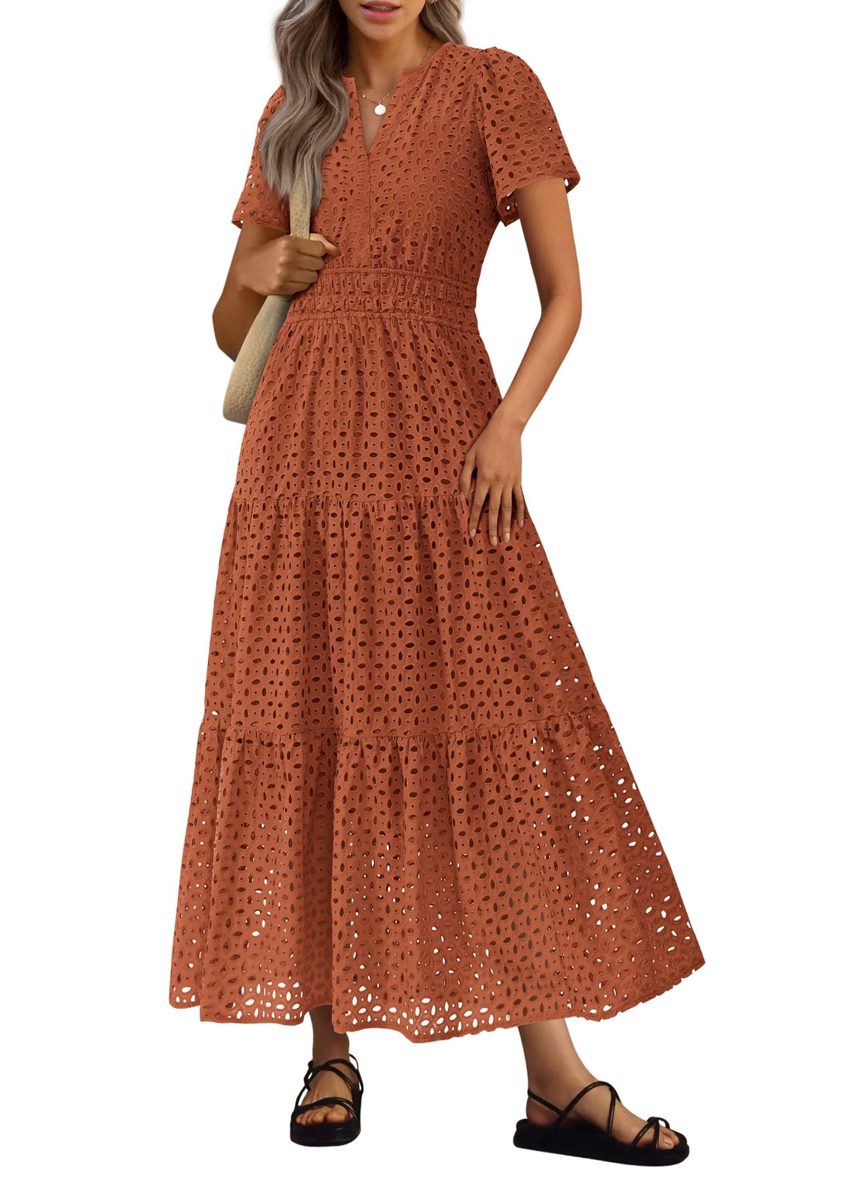 PRETTYGARDEN Women's Summer Hollow Out Eyelet Maxi Dress