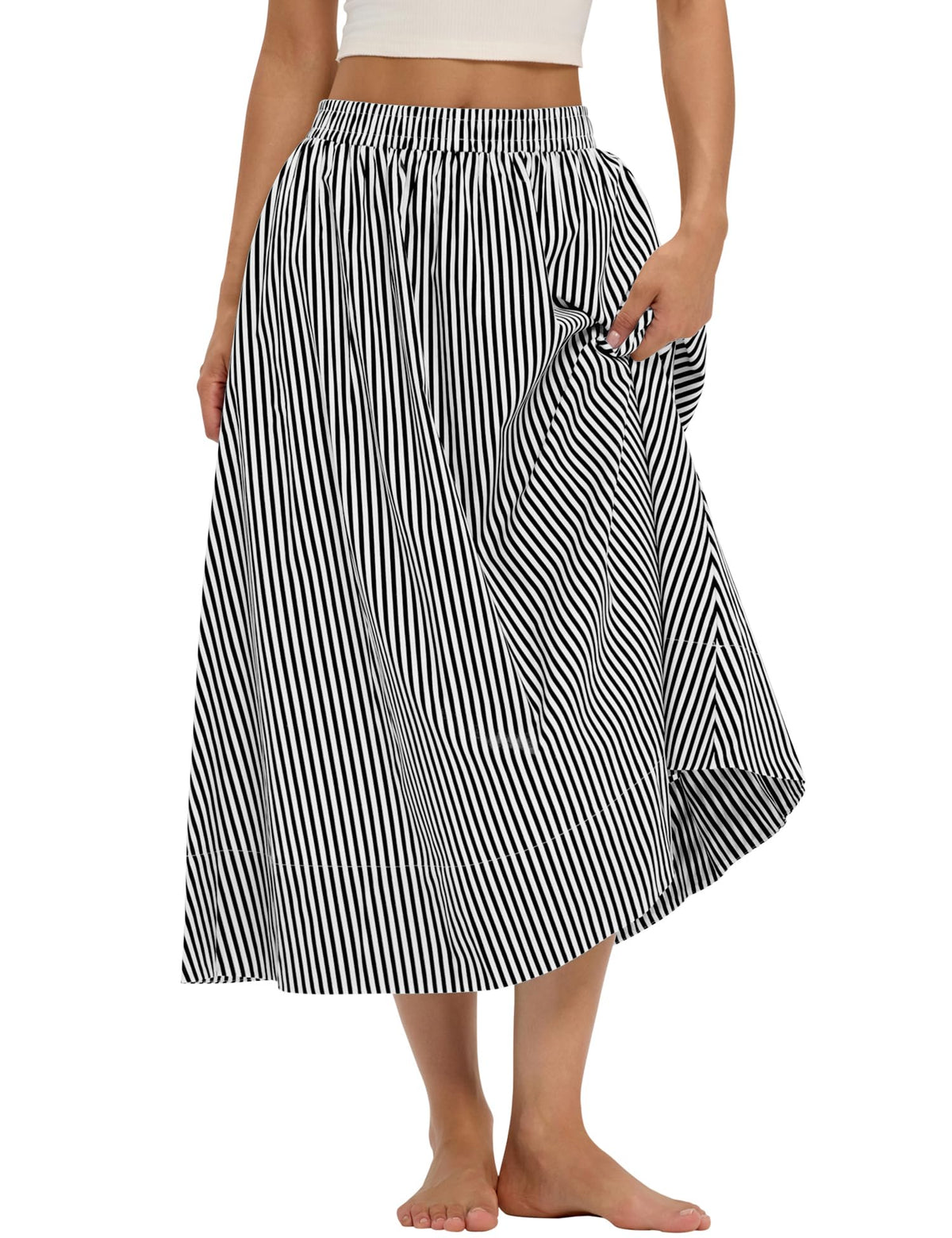 LOMON Midi Skirts for Women with Pockets A-Line Cotton Flowy Elastic Waist