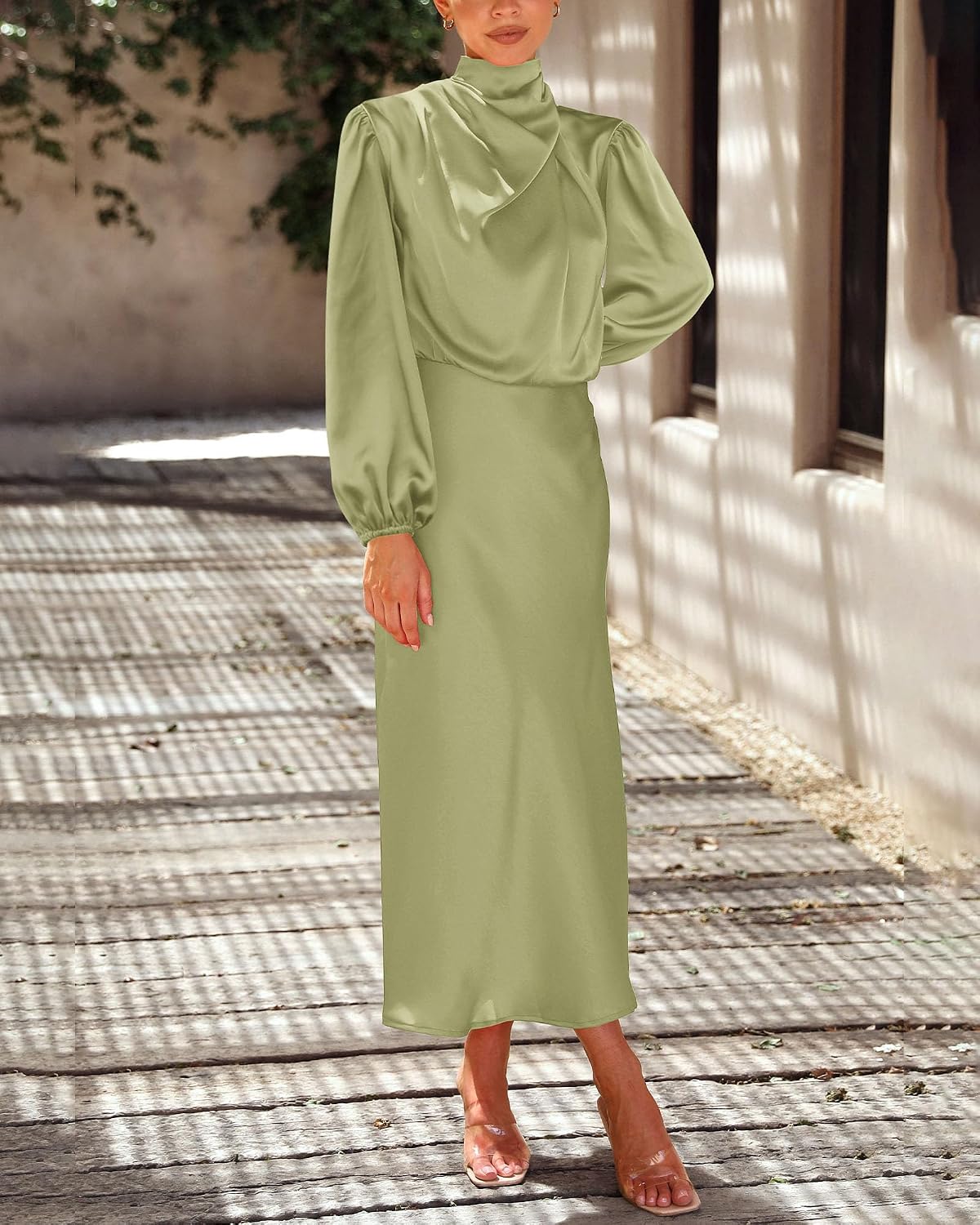 BTFBM Womens Mock Neck Satin Maxi Dress Fall 2026