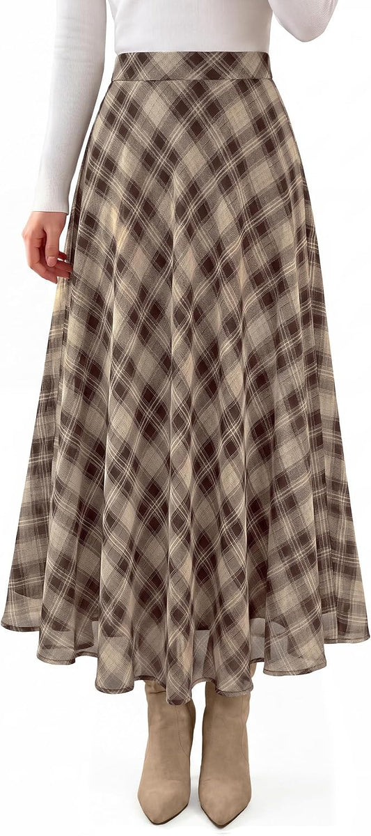 dowerme Casual A-Line Plaid Maxi Skirts for Women Trendy