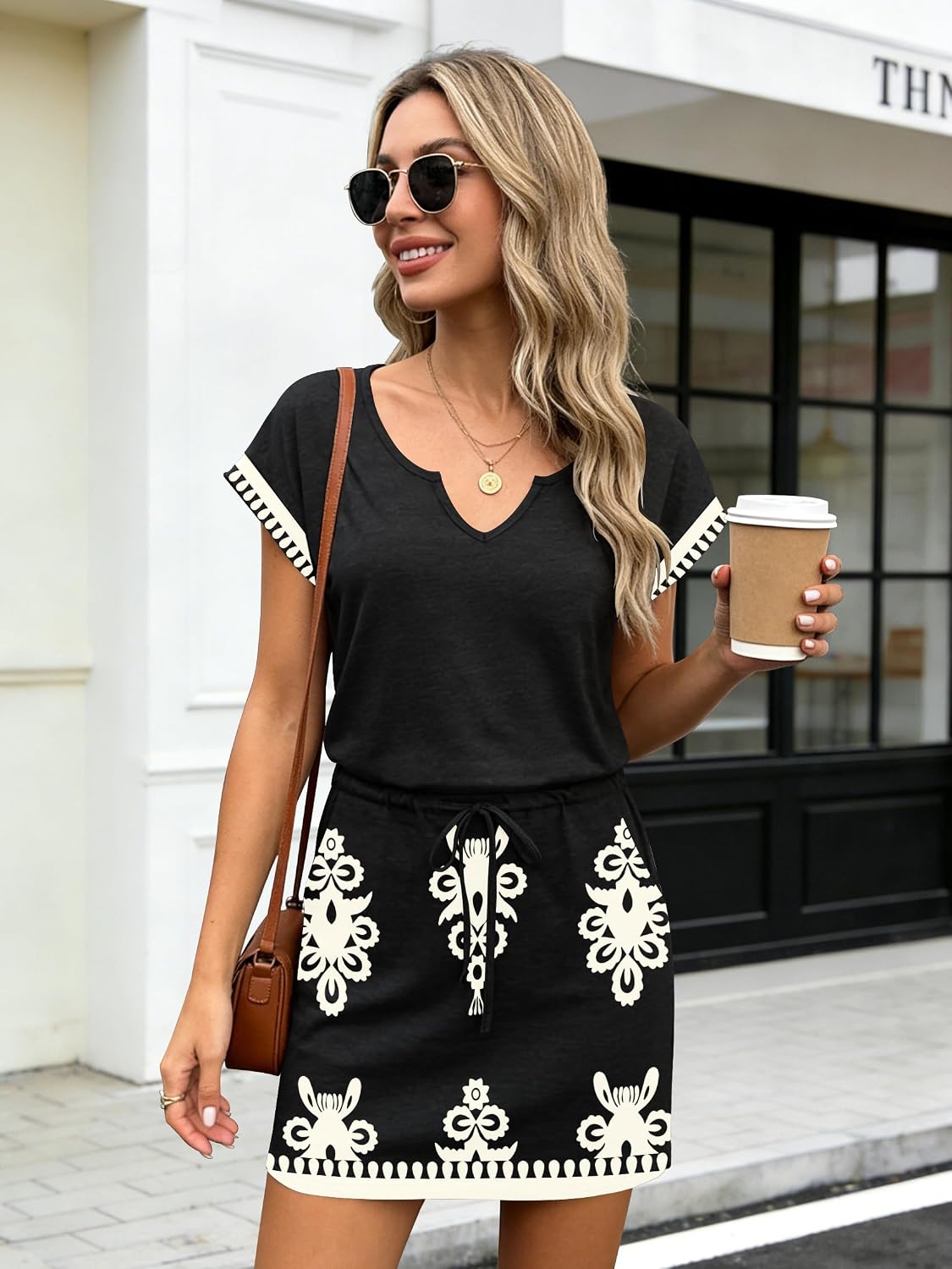 SAUKOLE Women Summer T Shirt Dress Casual Short Sleeve V Neck Dress with Pockets Drawstring Waist Short Dresses