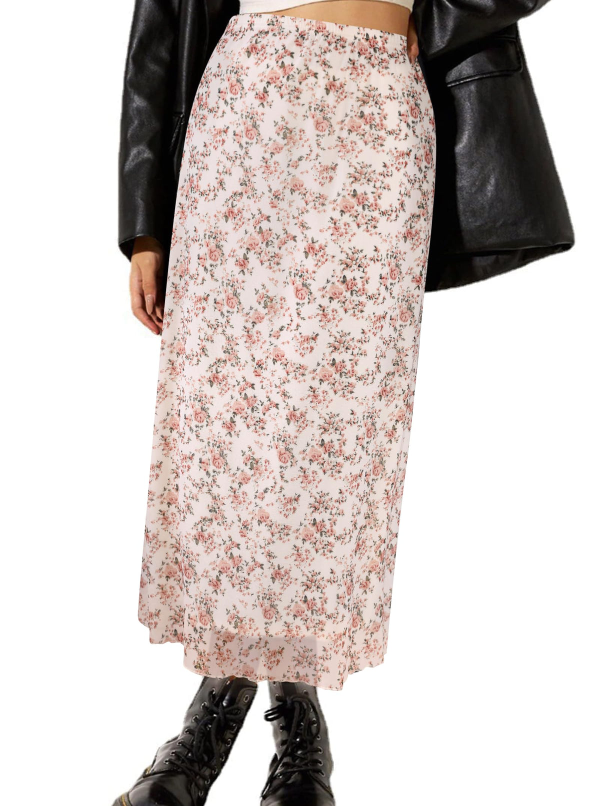 Avanova Women Mesh Floral Boho Midi Skirt High Waist Long Skirt