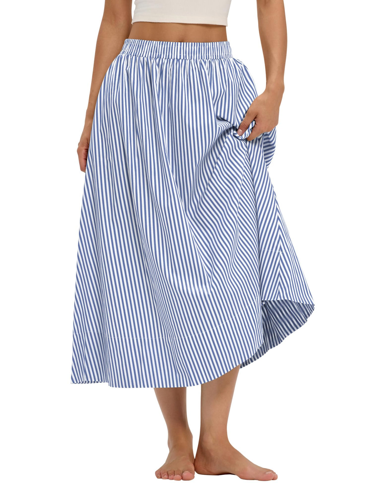LOMON Midi Skirts for Women with Pockets A-Line Cotton Flowy Elastic Waist