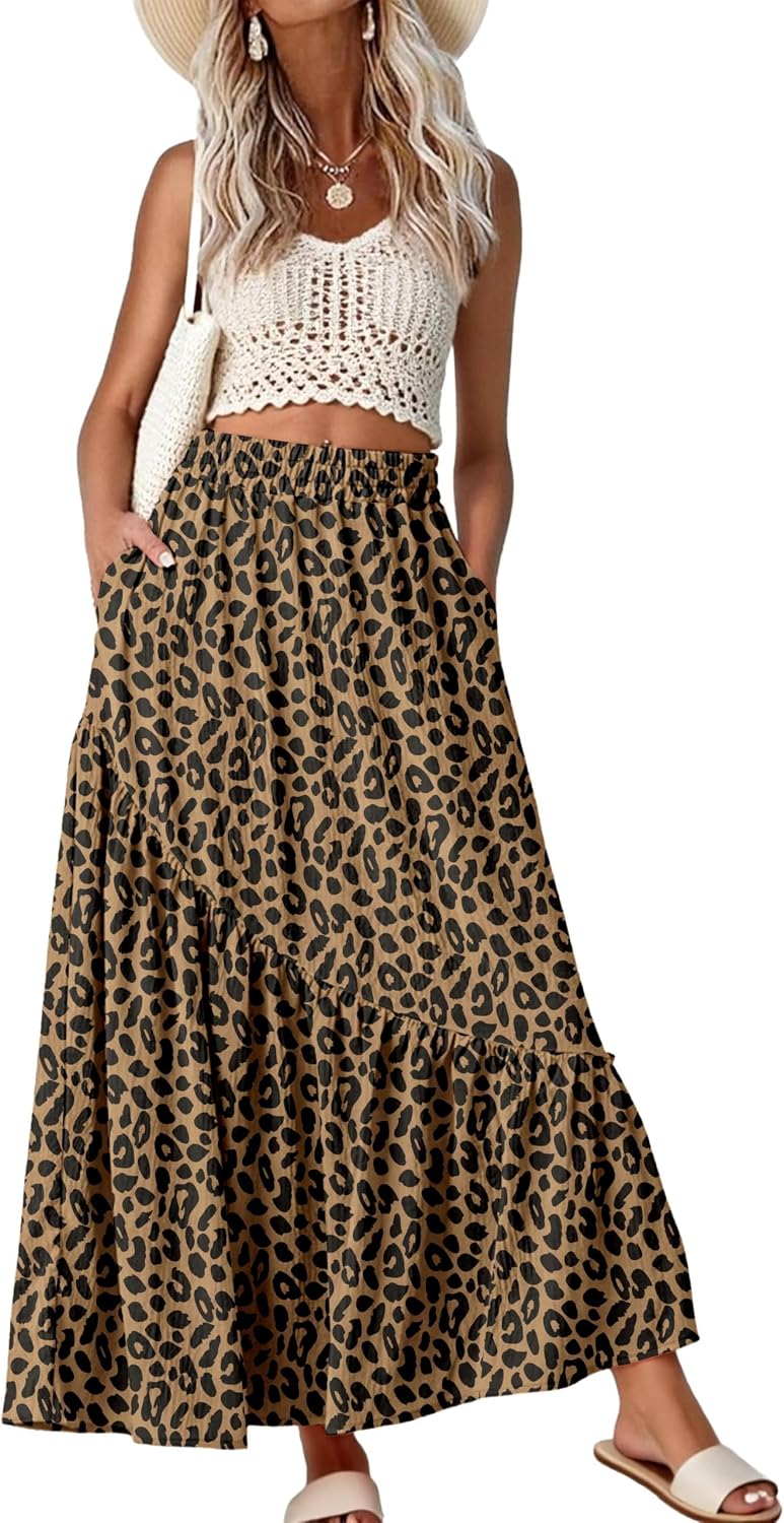 GRECERELLE Women's Maxi Skirt High Waist Tiered A-Line with Pockets