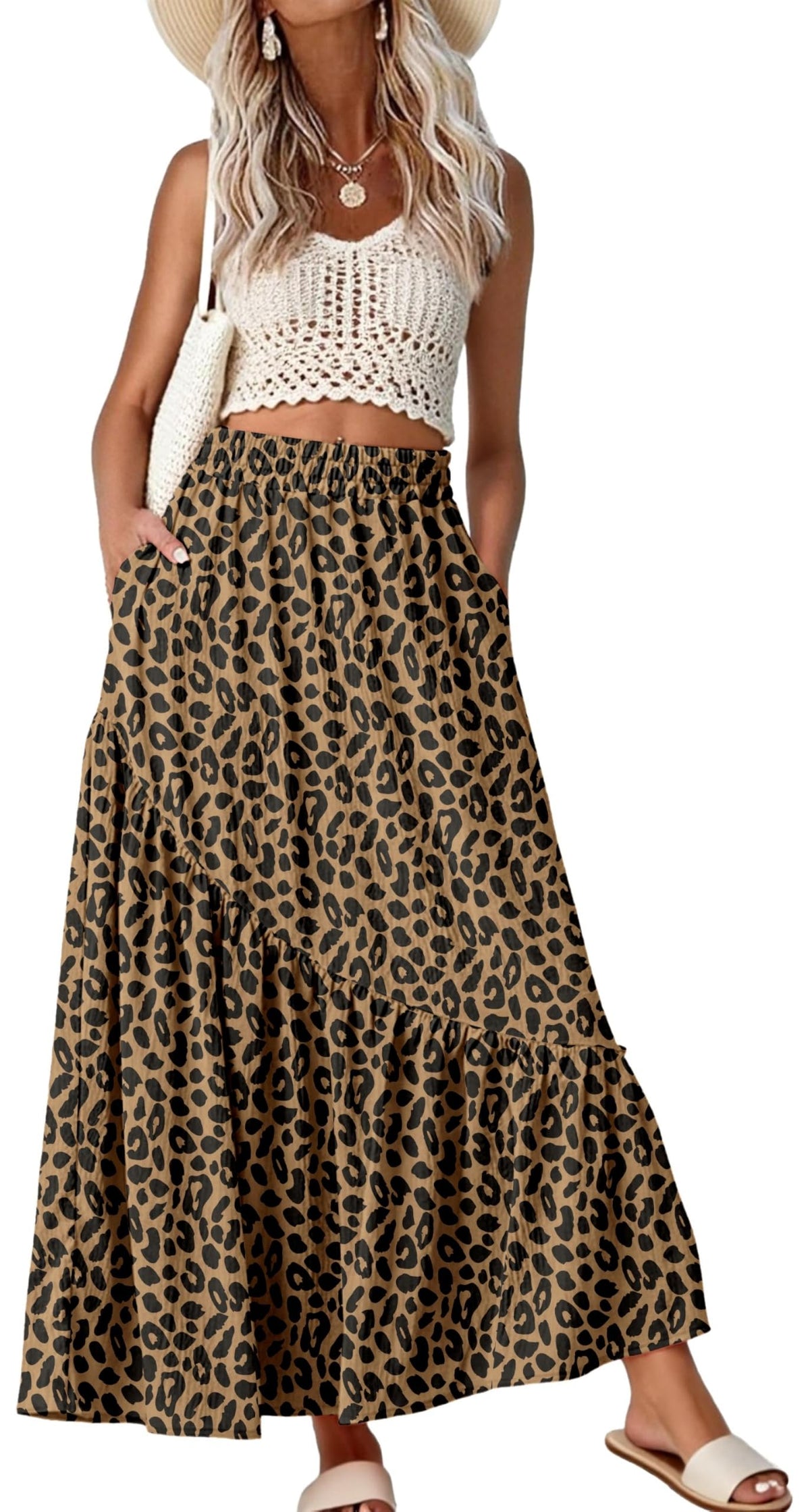 GRECERELLE Women's Maxi Skirt High Waist Tiered A-Line with Pockets