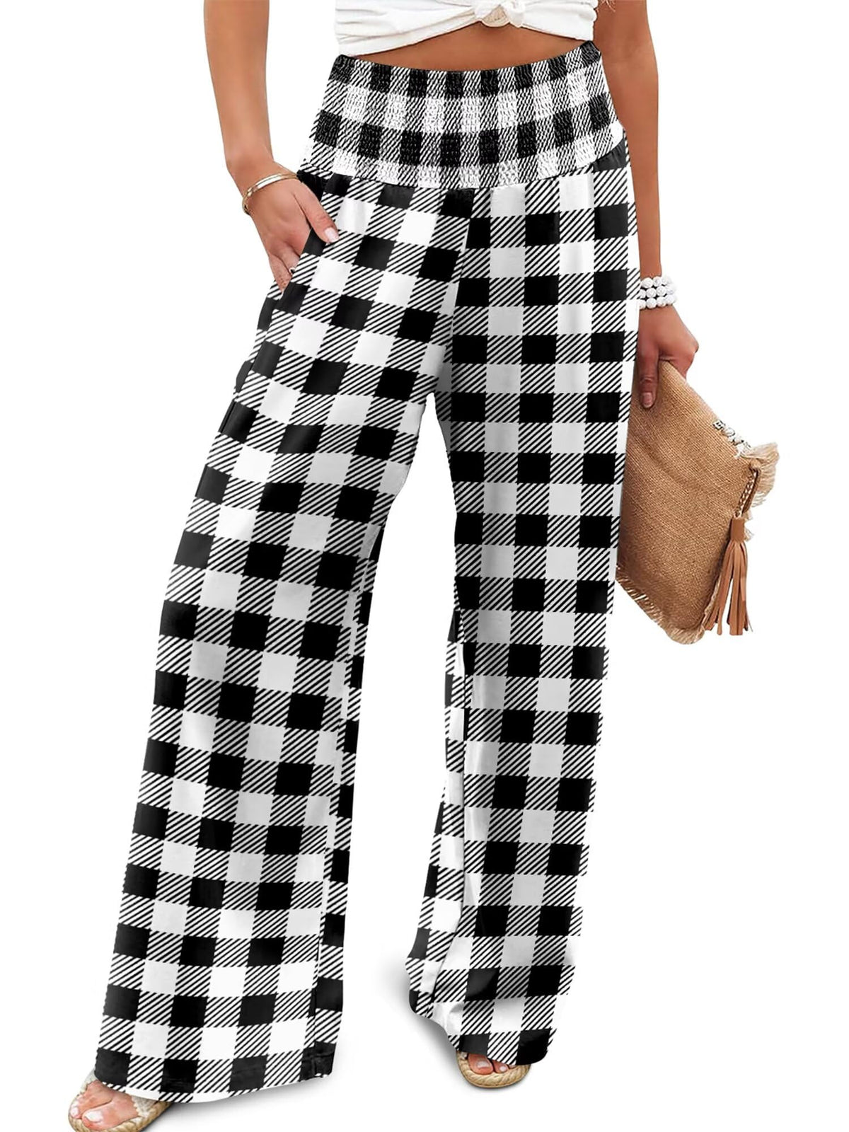 JZC Womens Wide Leg Pants Elastic High Waisted Palazzo Pants Summer Flowy Casual Trousers Beach Travel Vacation Outfits