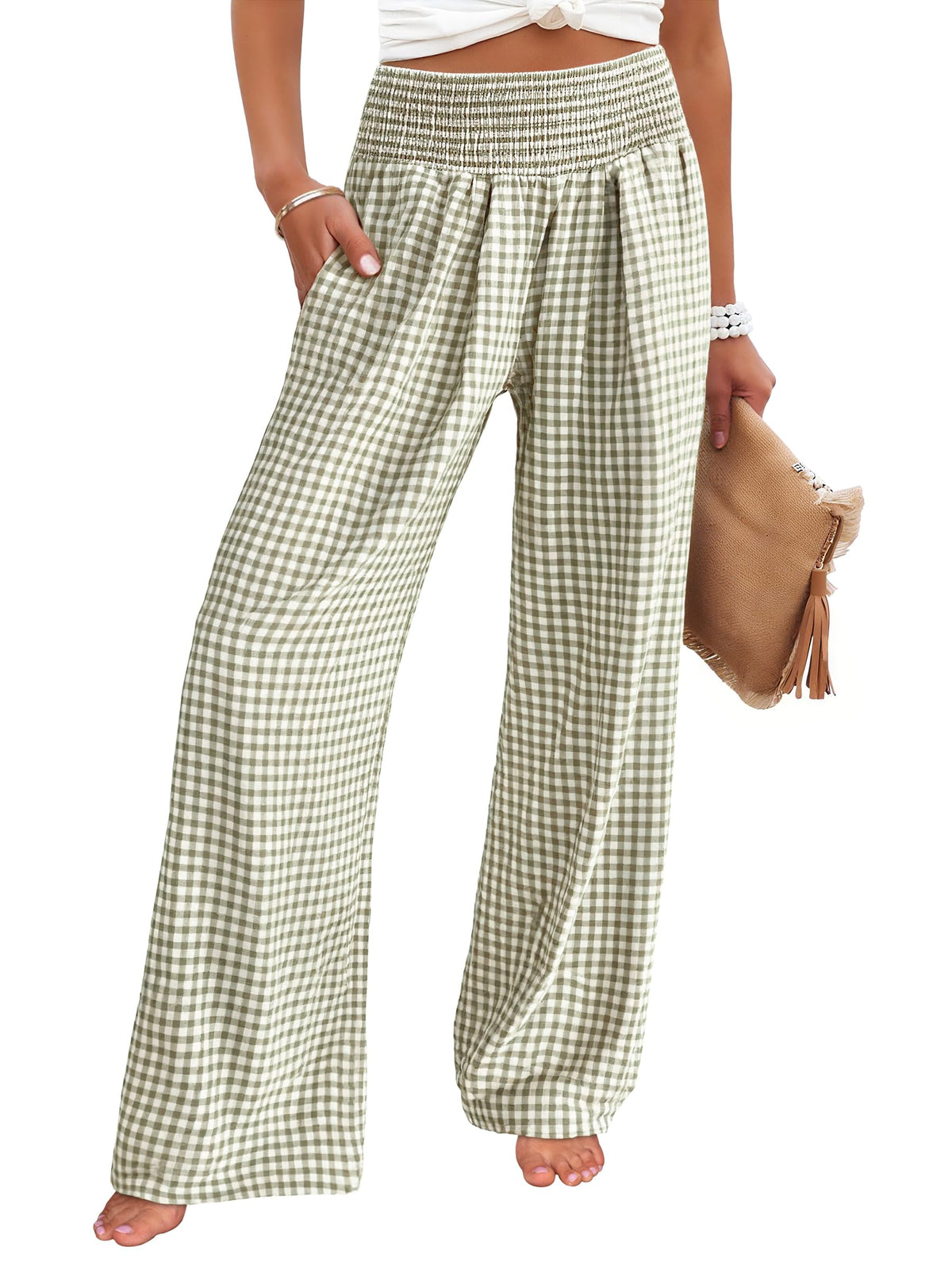 ANRABESS Womens Striped Gingham Wide Leg Palazzo Pants with Pockets