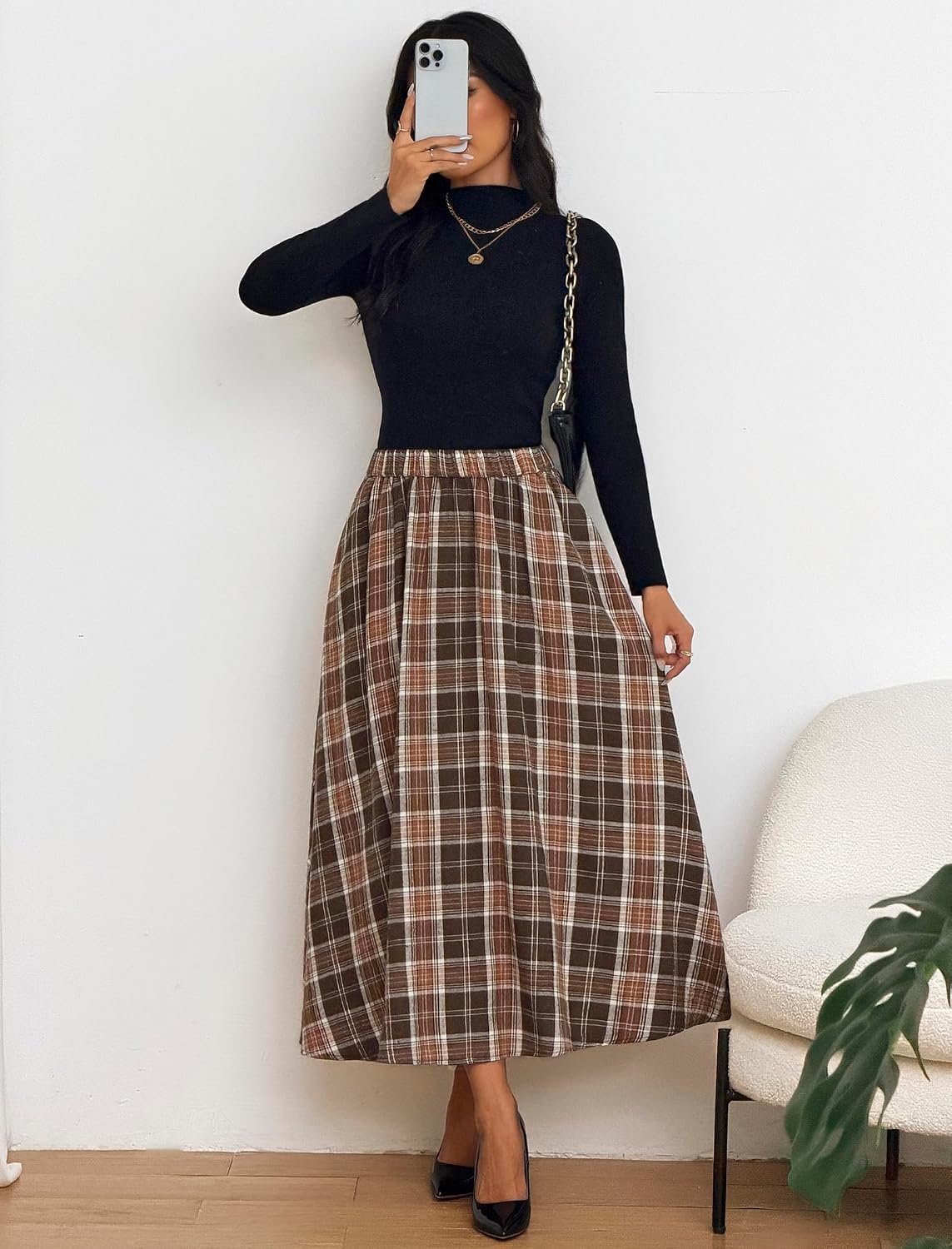 ZAFUL Womens Plaid Skirts Elastic Waist A-Line Pleated Midi Skirts
