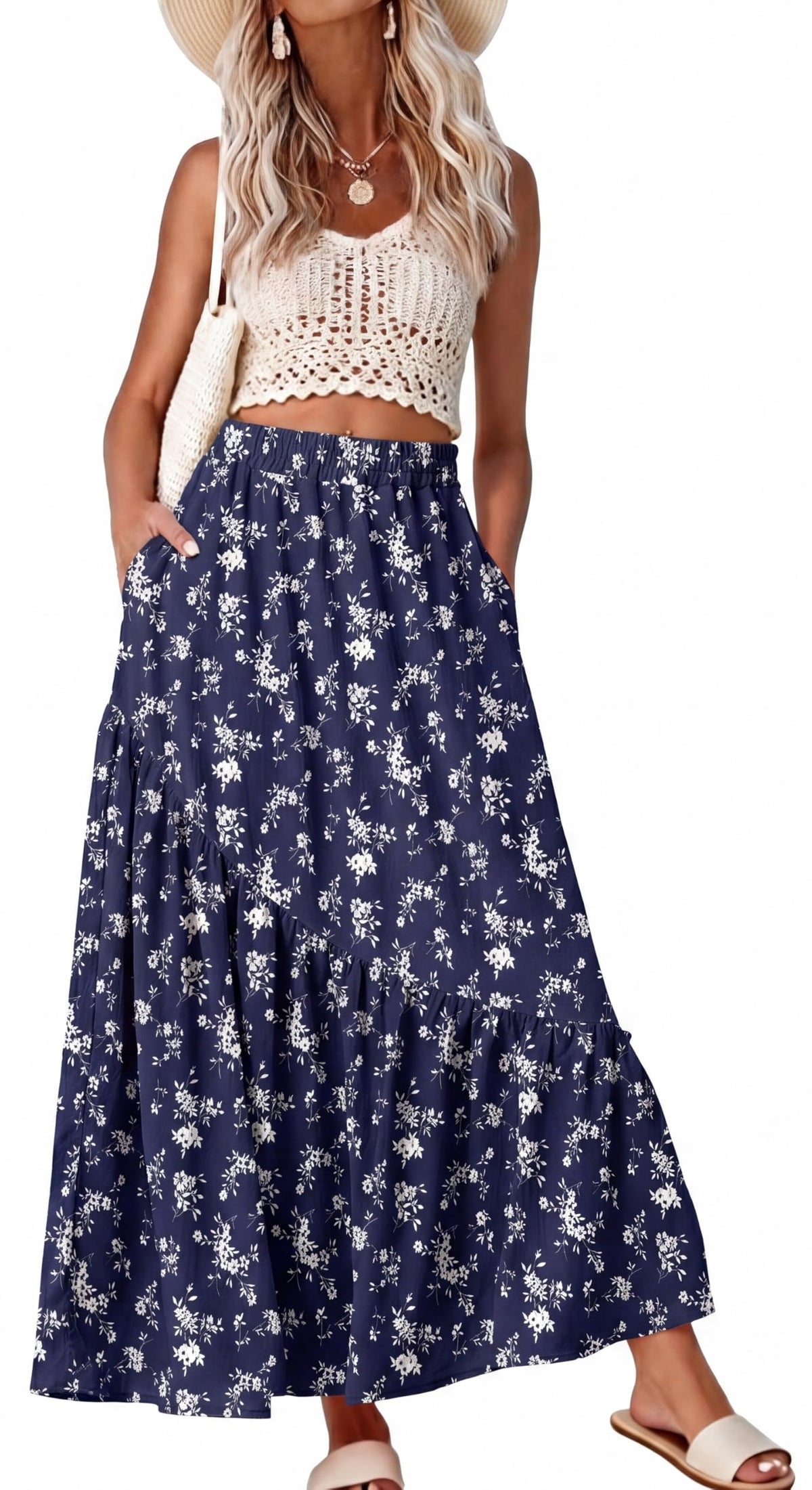 GRECERELLE Women's Maxi Skirt High Waist Tiered A-Line with Pockets