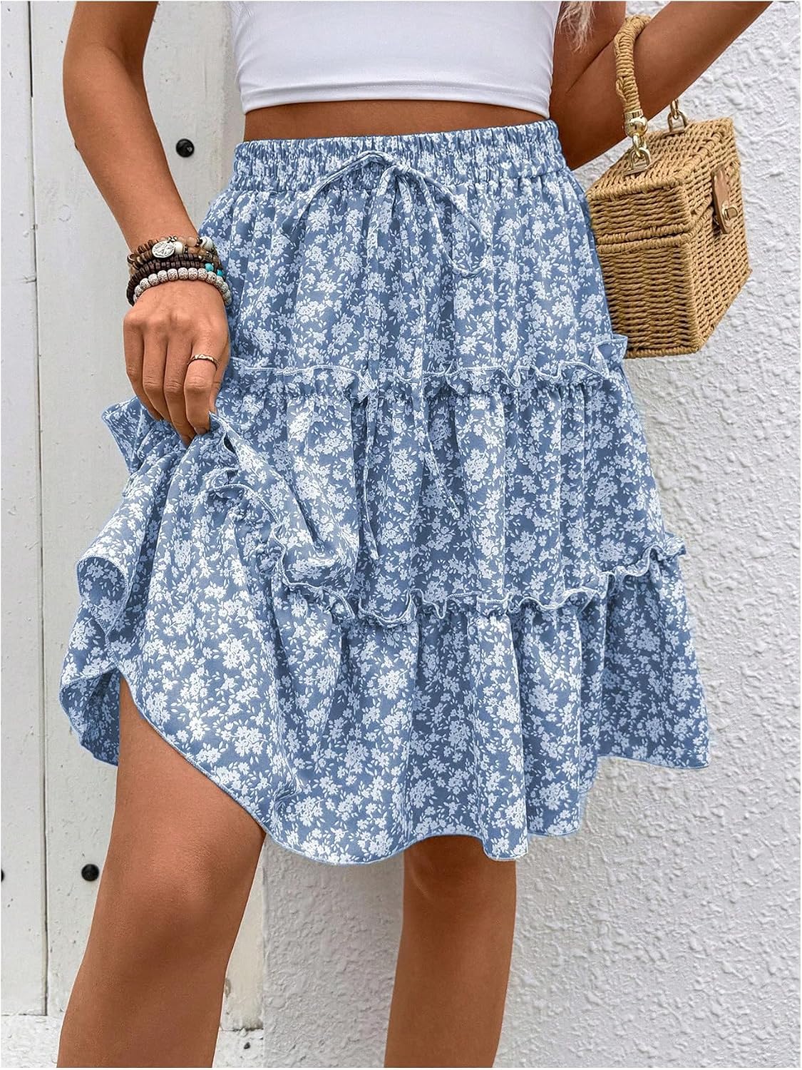 Verdusa Women's Boho Floral Tiered Ruffle Skirts Flowy Flared Summer Knee Length Midi Skirt