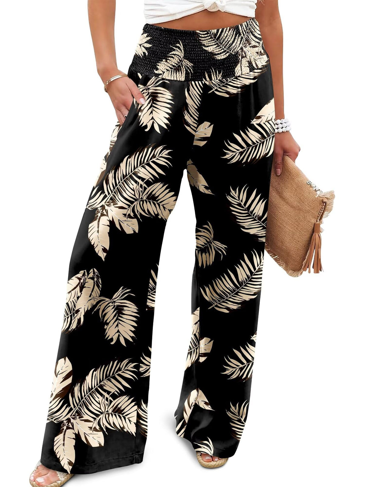 JZC Womens Wide Leg Pants Elastic High Waisted Palazzo Pants Summer Flowy Casual Trousers Beach Travel Vacation Outfits
