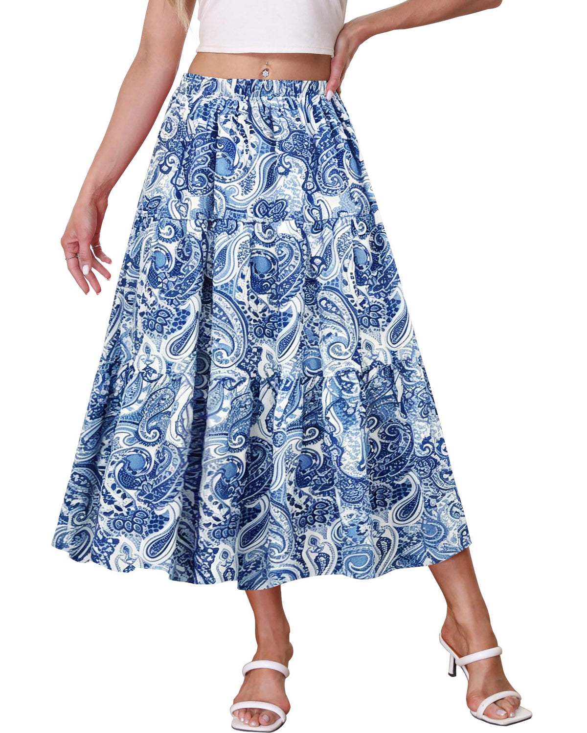 Kingfancy Women's Boho Midi Skirt A-Line Flowy Skirts