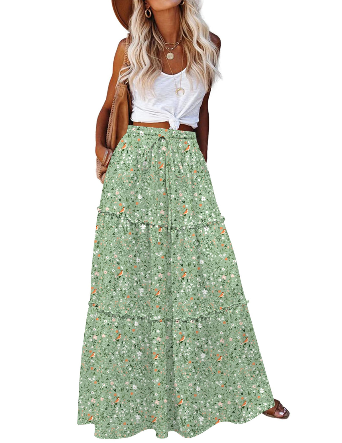 Zeagoo Womens Casual Maxi Skirts for Women 2026 High Waist Boho Skirts Floral Printed Long Flowy Skirt with Pockets