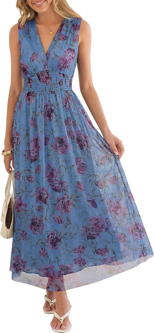 ANRABESS Women's Floral Tulle Wedding Guest Maxi Dress