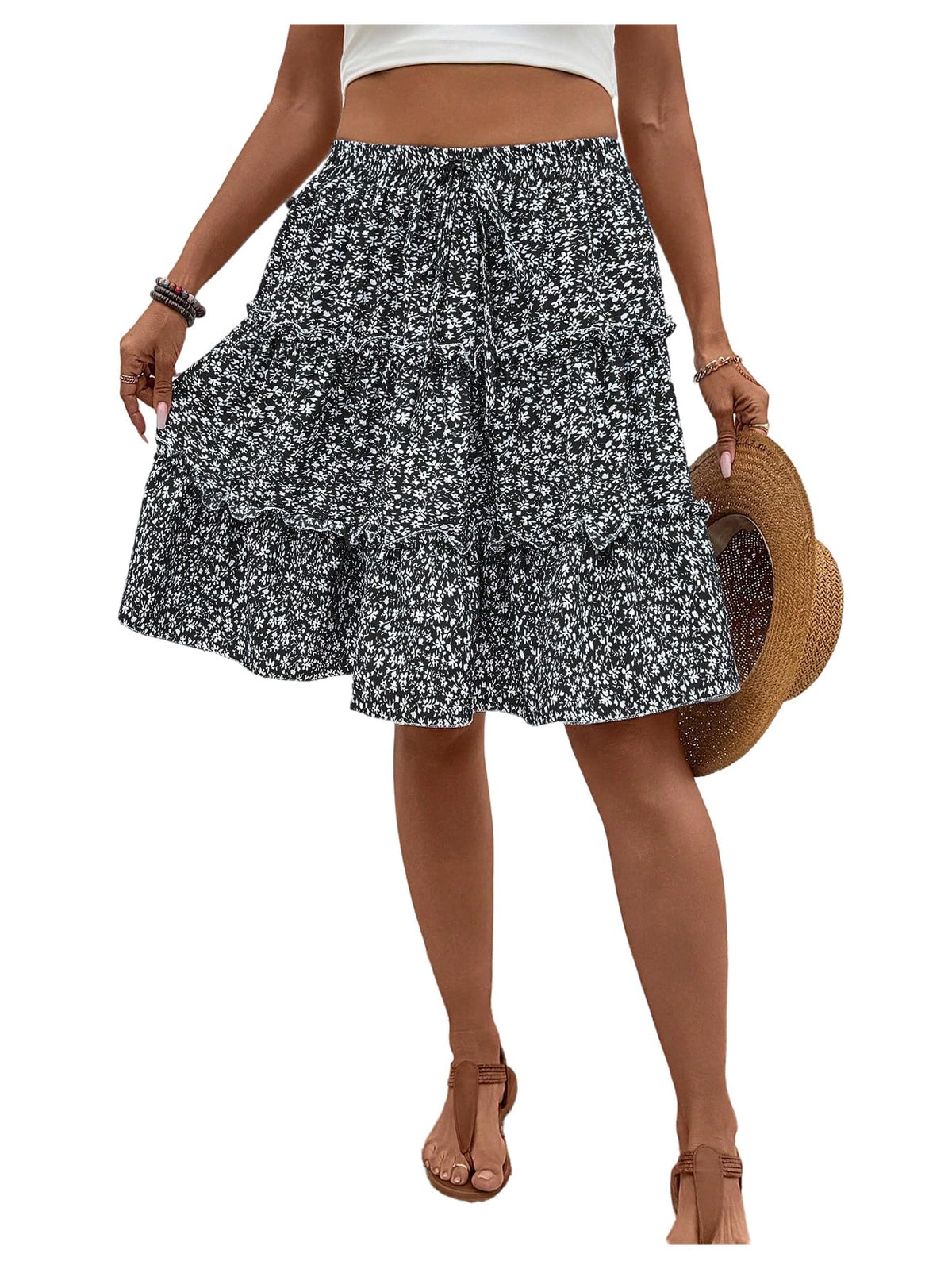 WDIRARA Women's Floral Boho Ruffle Knee Length Summer Skirt