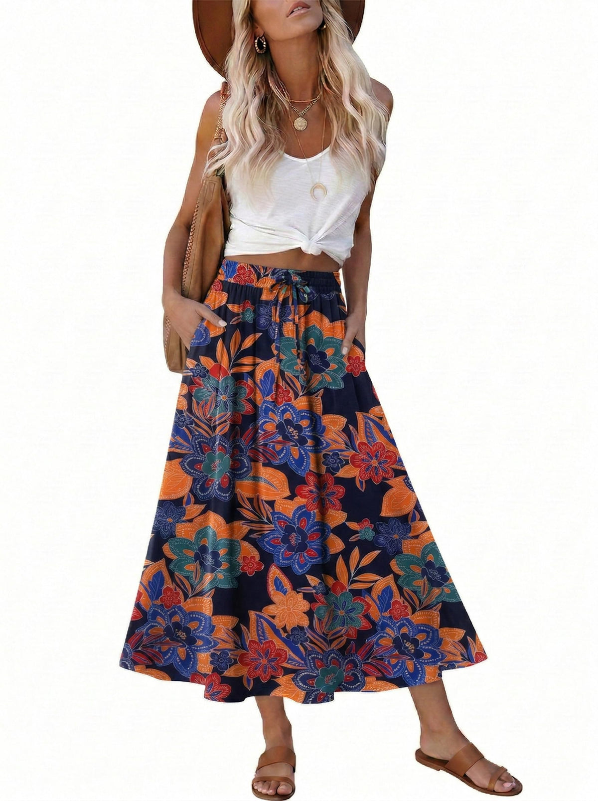 Magritta Women's Print Midi Skirt with Pocket Elastic High Waist 2026 Trendy A-Line Bohe Leopardr Swing Skirts for Women