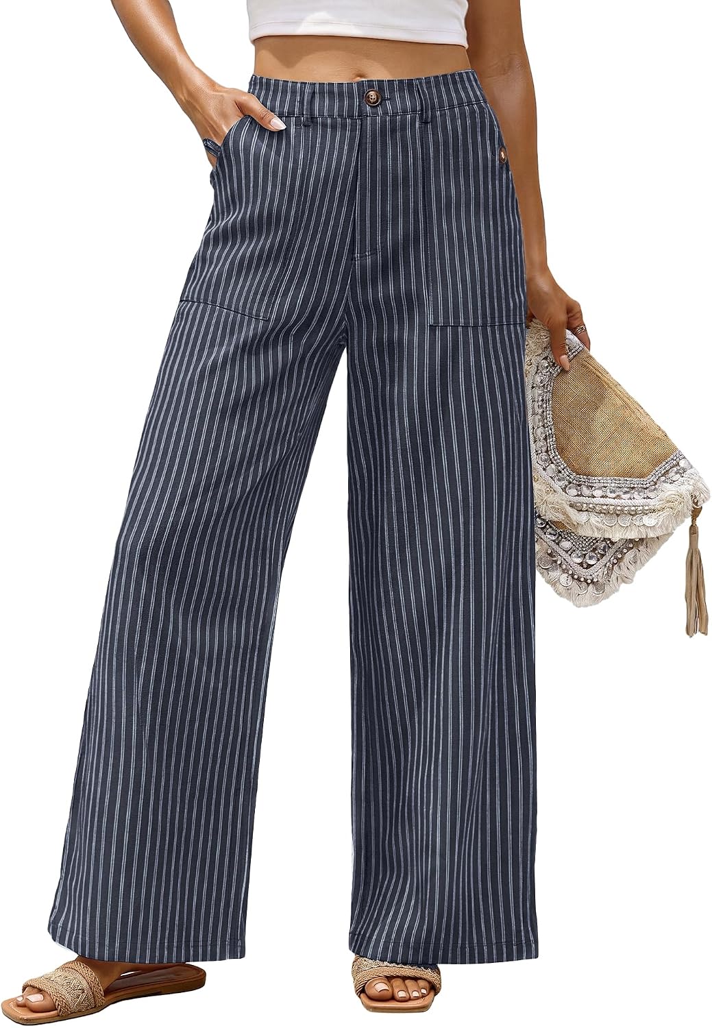 Bsubseach Womens Cotton Linen Pants Wide Leg Work Casual Pants