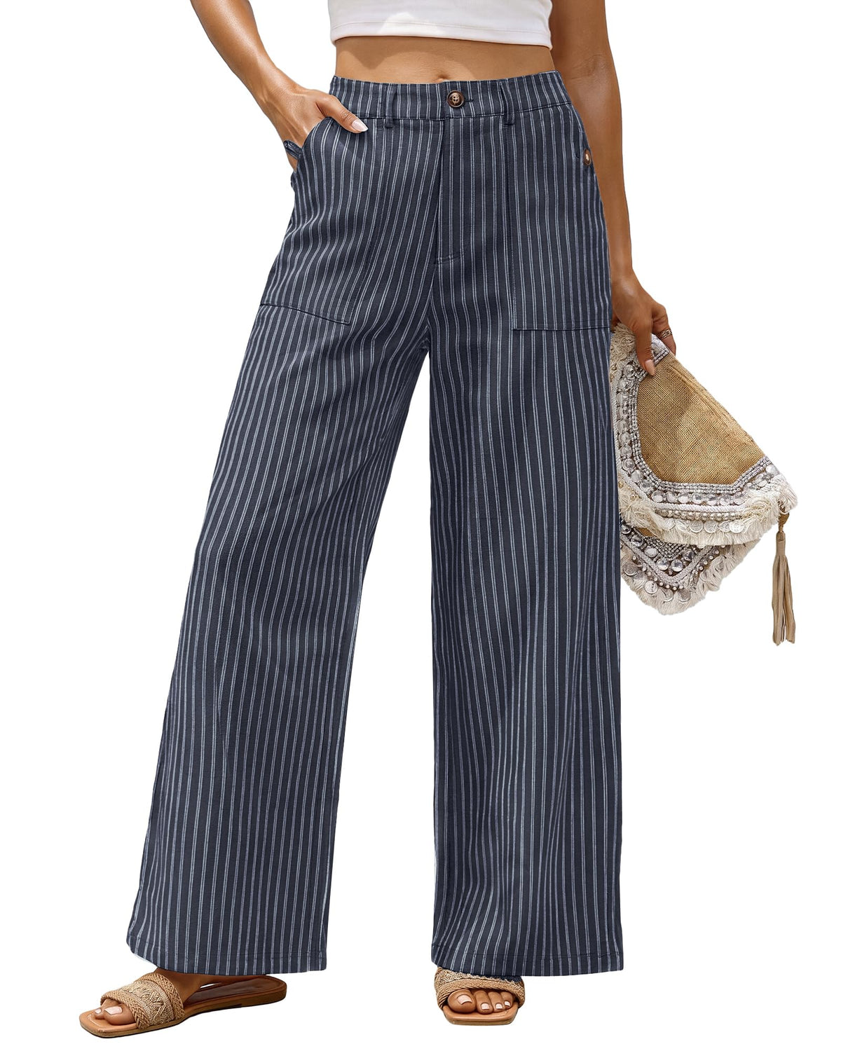 Bsubseach Womens Cotton Linen Pants Wide Leg Work Casual Pants