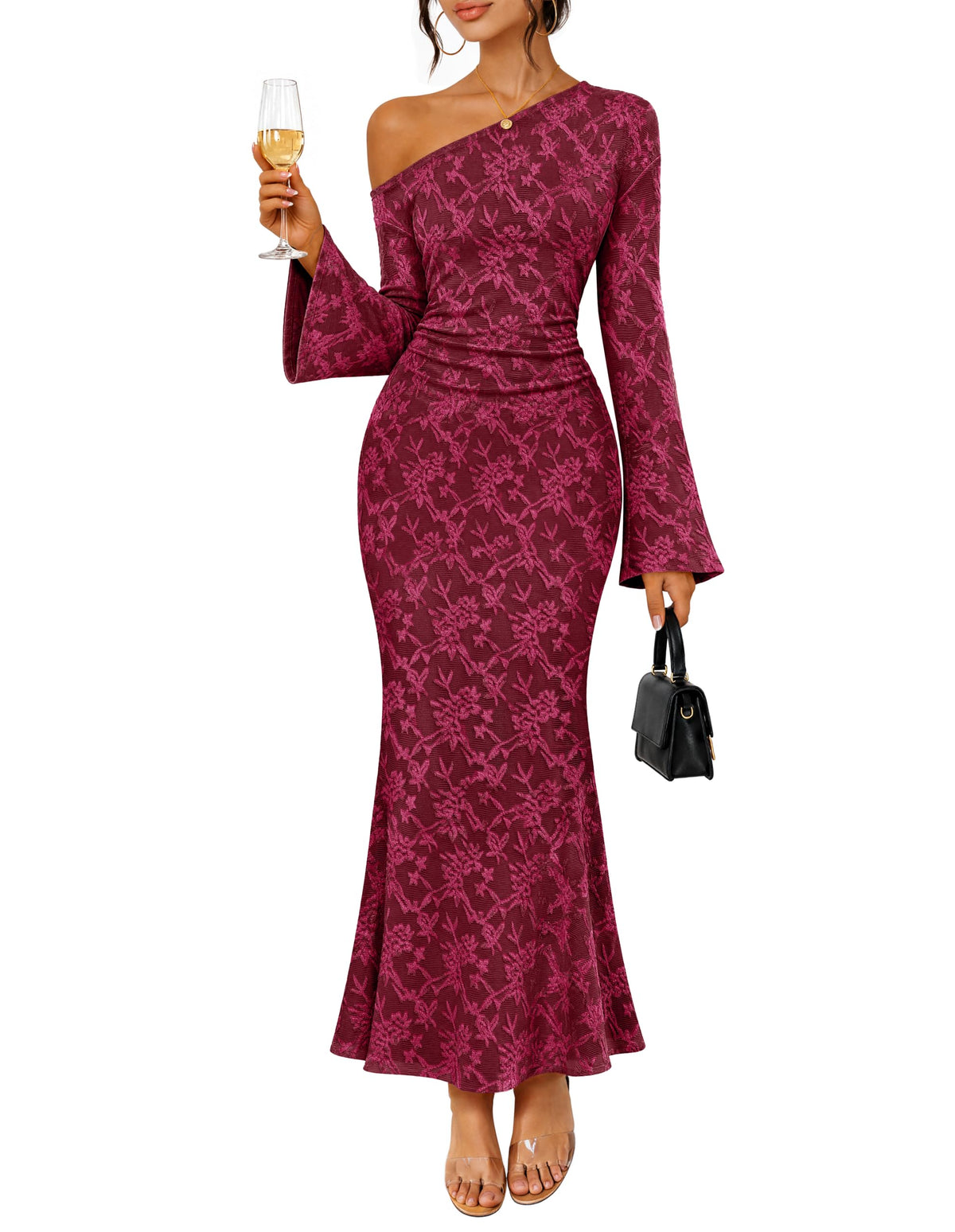 MEROKEETY Women's Lace Off The Shoulder Fall Wedding Guest Cocktail Dress