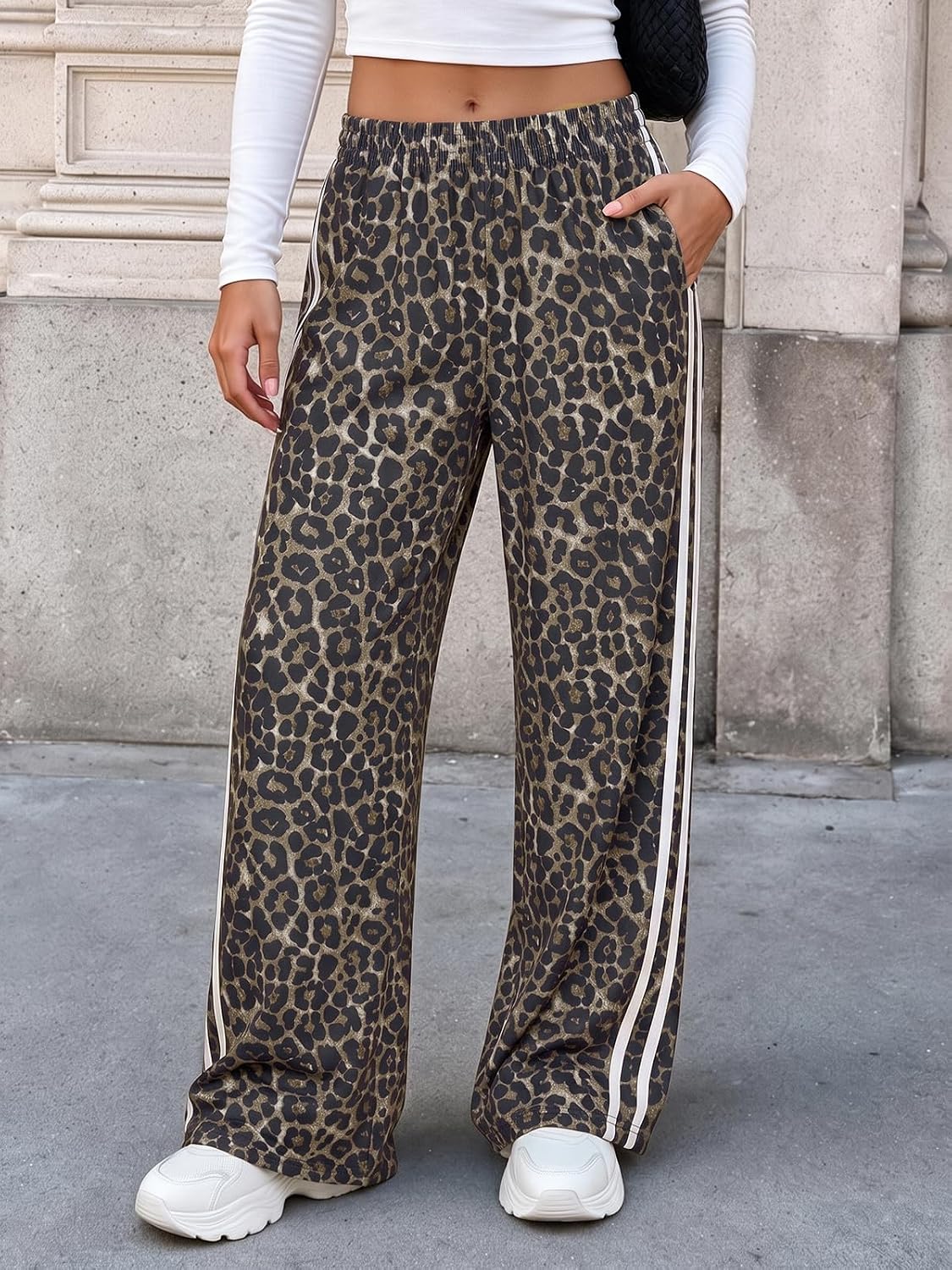 Aoysky Womens Wide Leg Leopard Pants Elastic Waist Side Striped Trousers
