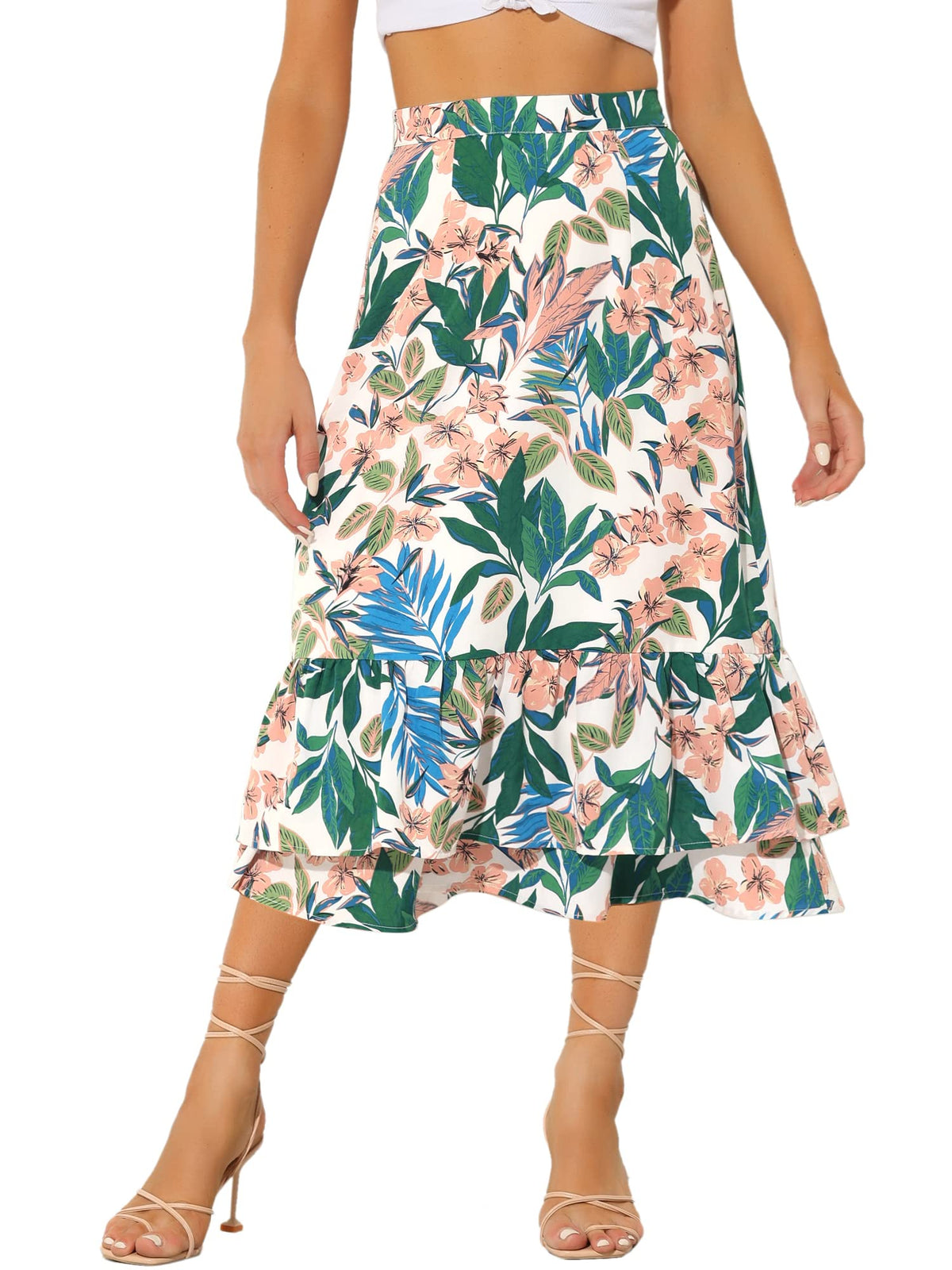 Allegra K Women's Printed Skirt Chiffon Ruffle Tiered Flowy Midi Skirts