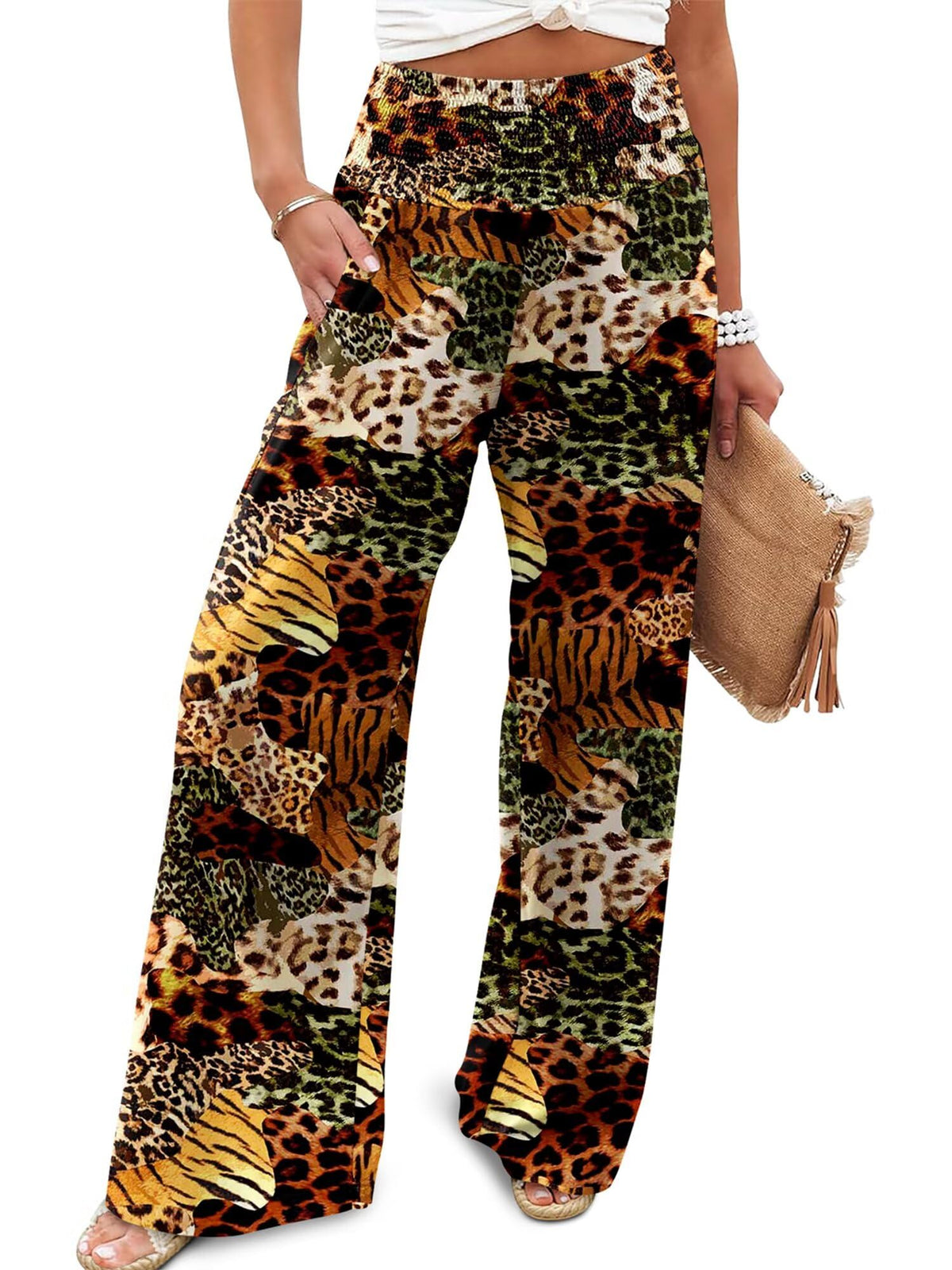 JZC Womens Wide Leg Pants Elastic High Waisted Palazzo Pants Summer Flowy Casual Trousers Beach Travel Vacation Outfits