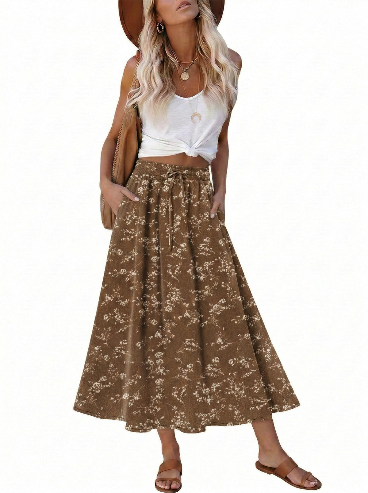 Magritta Women's Print Midi Skirt with Pocket Elastic High Waist 2026 Trendy A-Line Bohe Leopardr Swing Skirts for Women