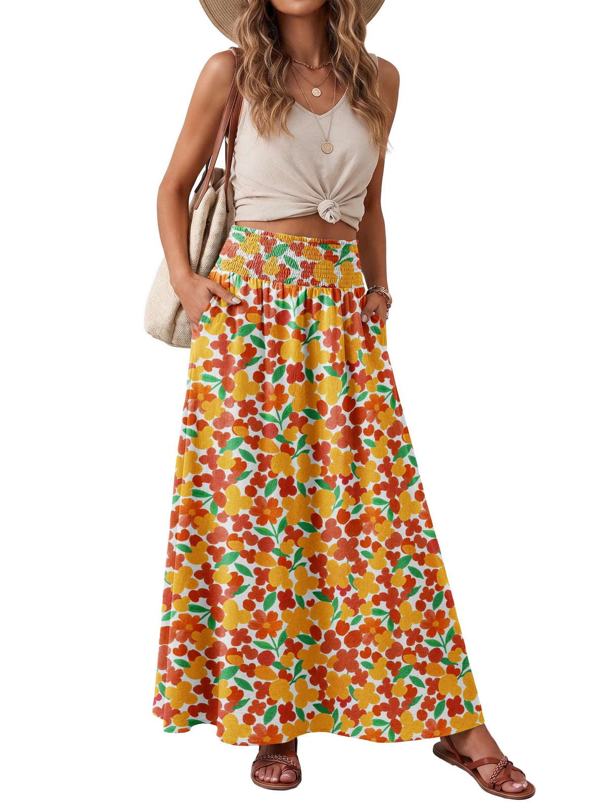 Lepunuo Maxi Skirts for Women Smocked Elastic High Waisted Casual Boho Swing Pleated Beach Long Skirts with Pockets