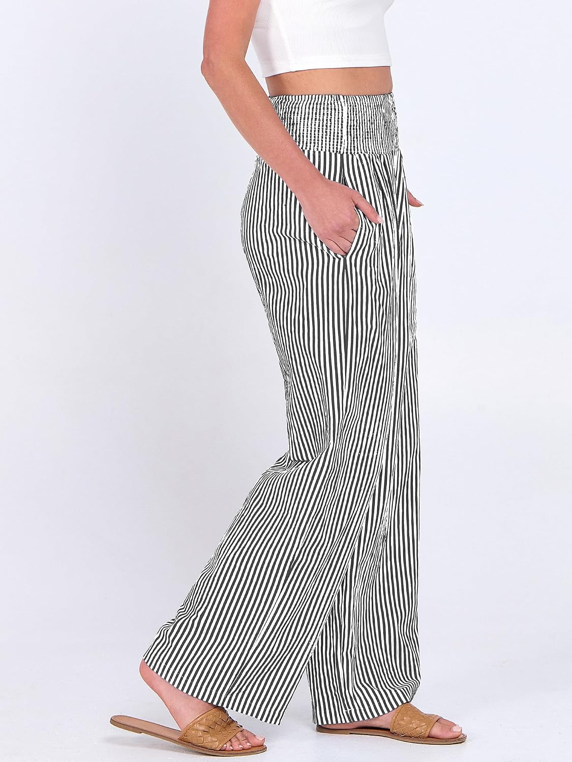 ANRABESS Womens Striped Gingham Wide Leg Palazzo Pants with Pockets