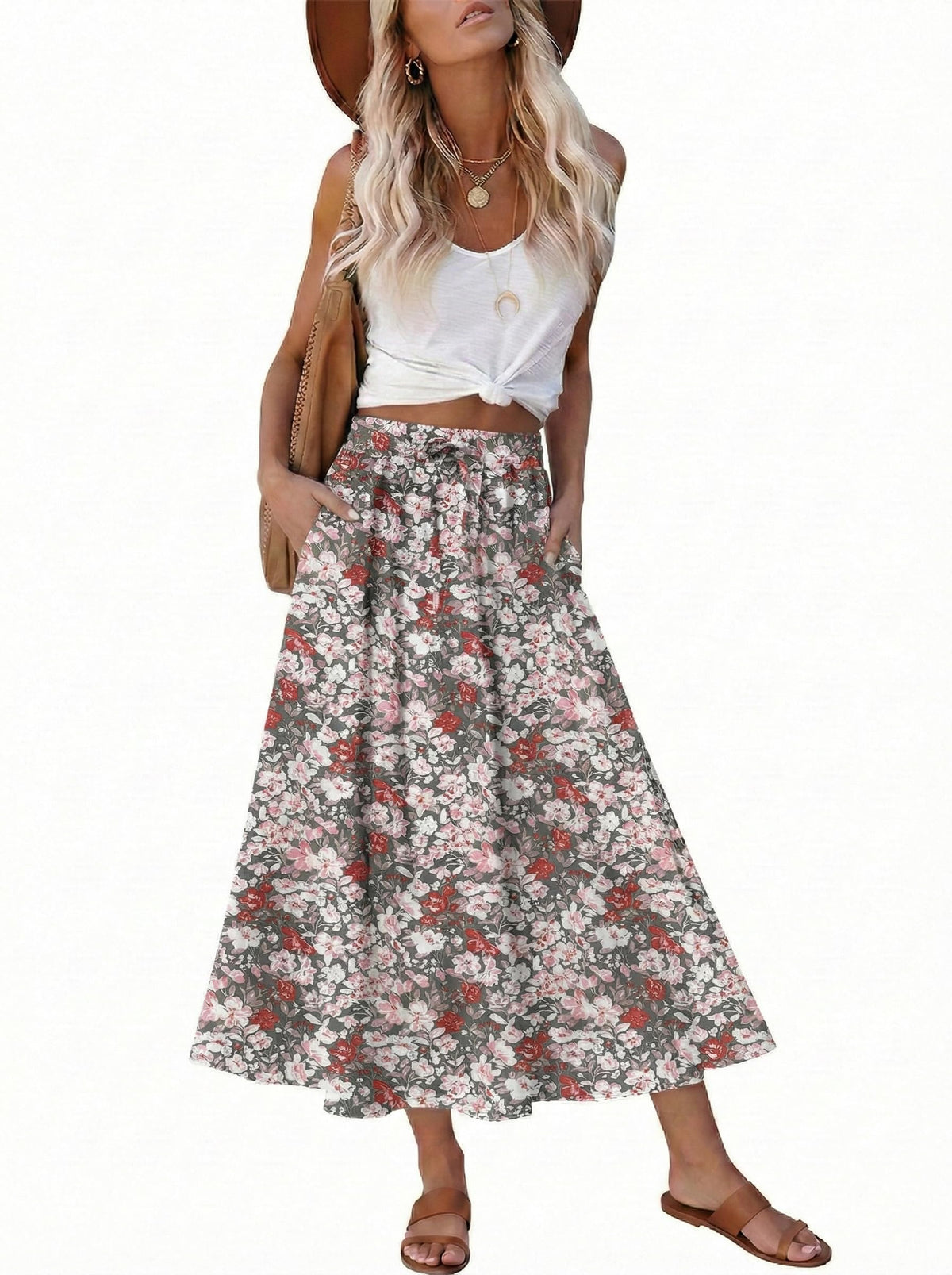 Magritta Women's Print Midi Skirt with Pocket Elastic High Waist 2026 Trendy A-Line Bohe Leopardr Swing Skirts for Women