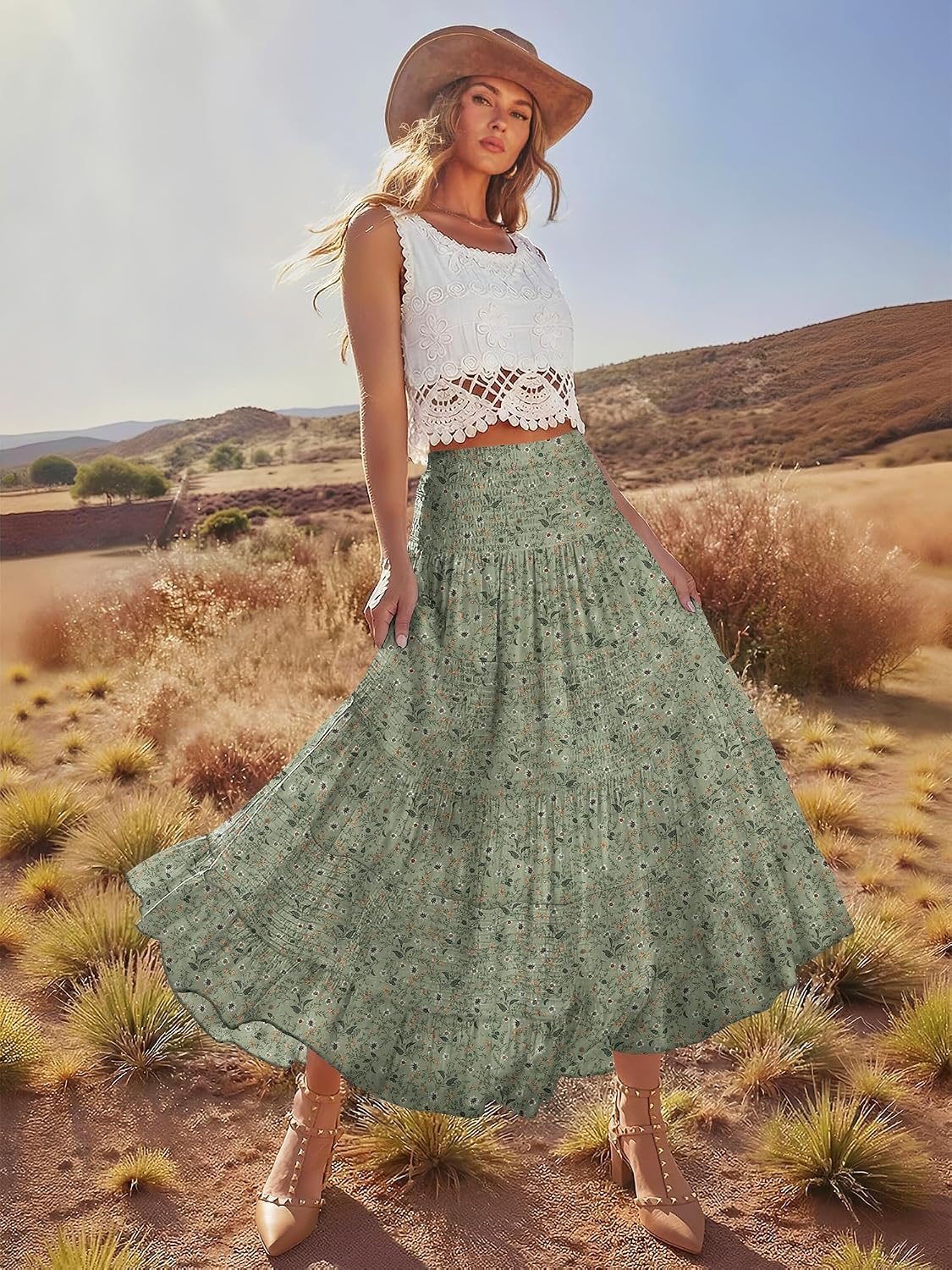 onlypuff Maxi Skirt Women Western Midi Chiffon Flowy Boho Fall Outfits