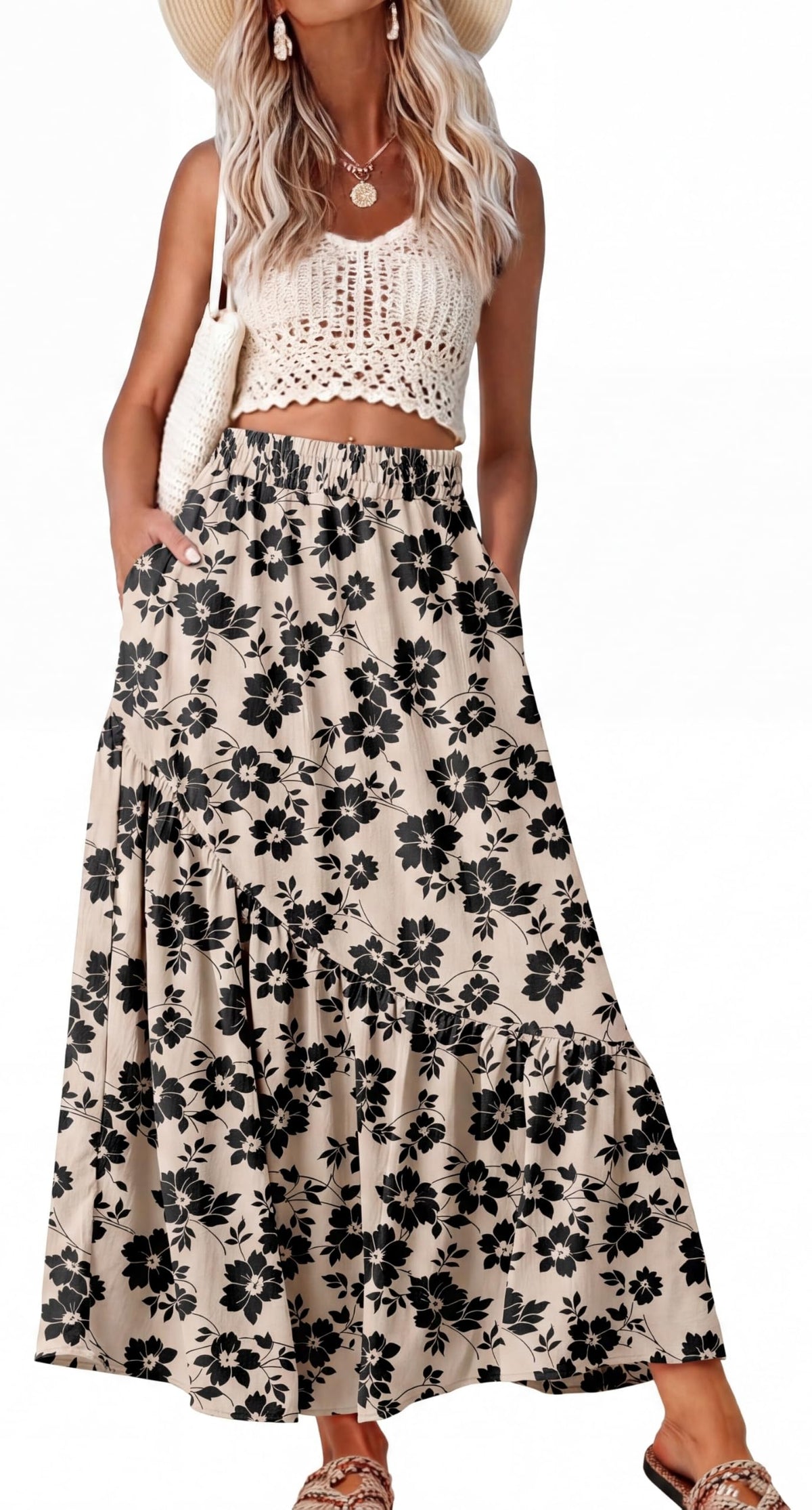 GRECERELLE Women's Maxi Skirt High Waist Tiered A-Line with Pockets