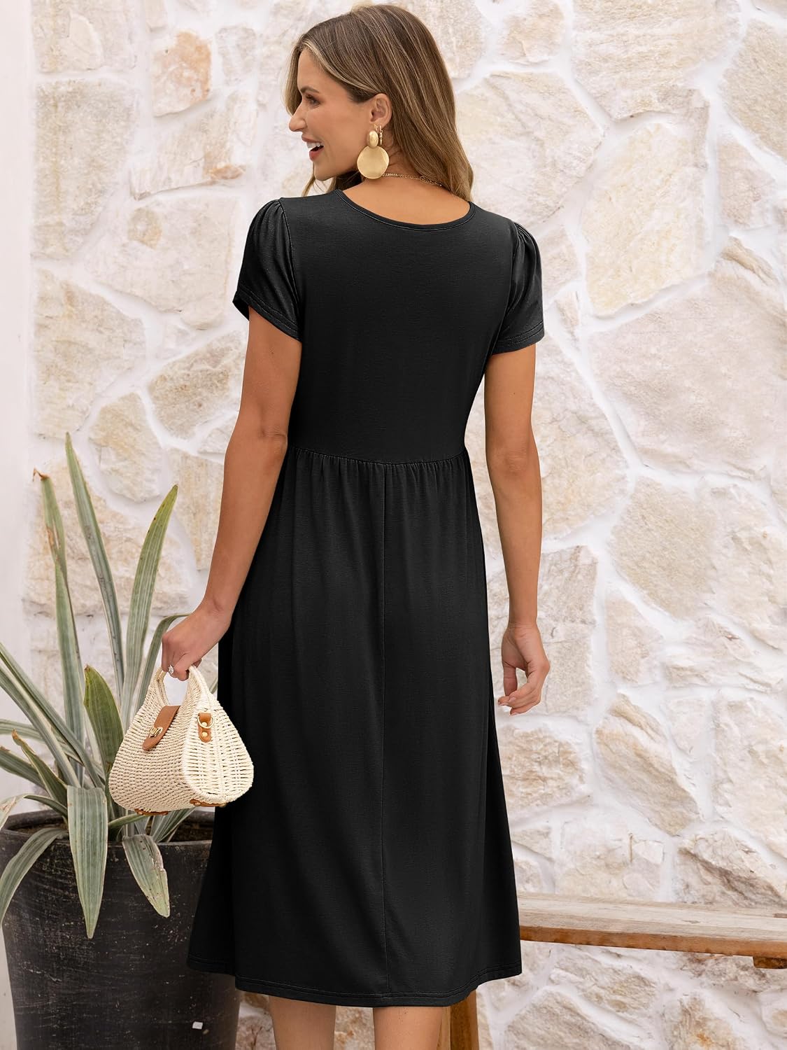 ANRABESS Women's Summer Petal Short Sleeve Midi Dress with Pockets