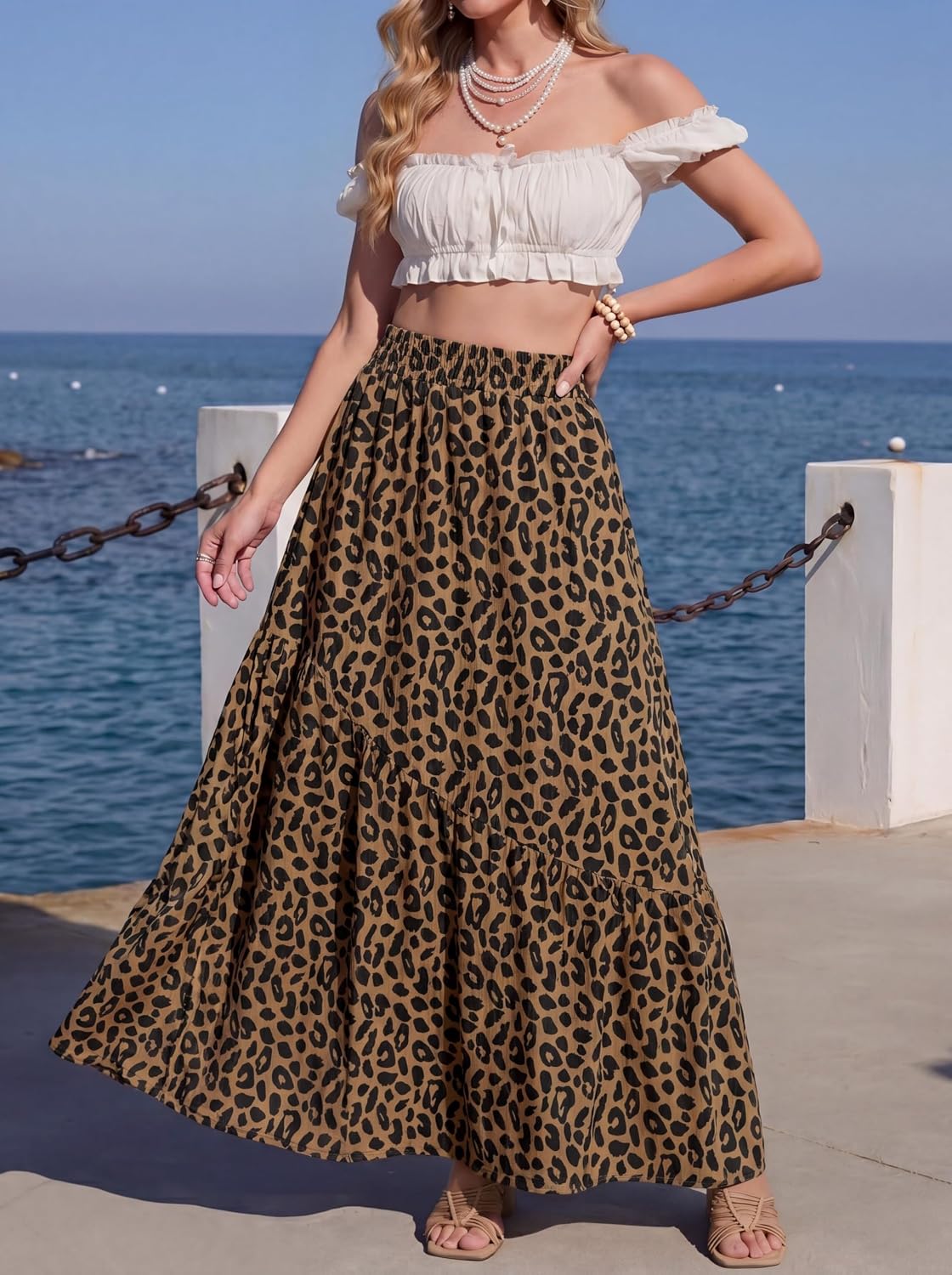 GRECERELLE Women's Maxi Skirt High Waist Tiered A-Line with Pockets
