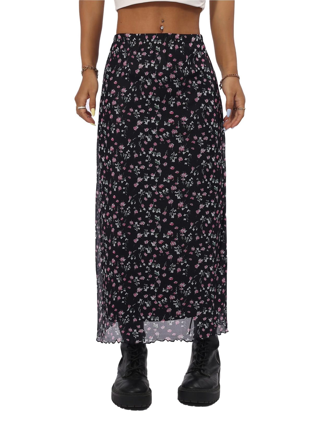 Avanova Women Mesh Floral Boho Midi Skirt High Waist Long Skirt