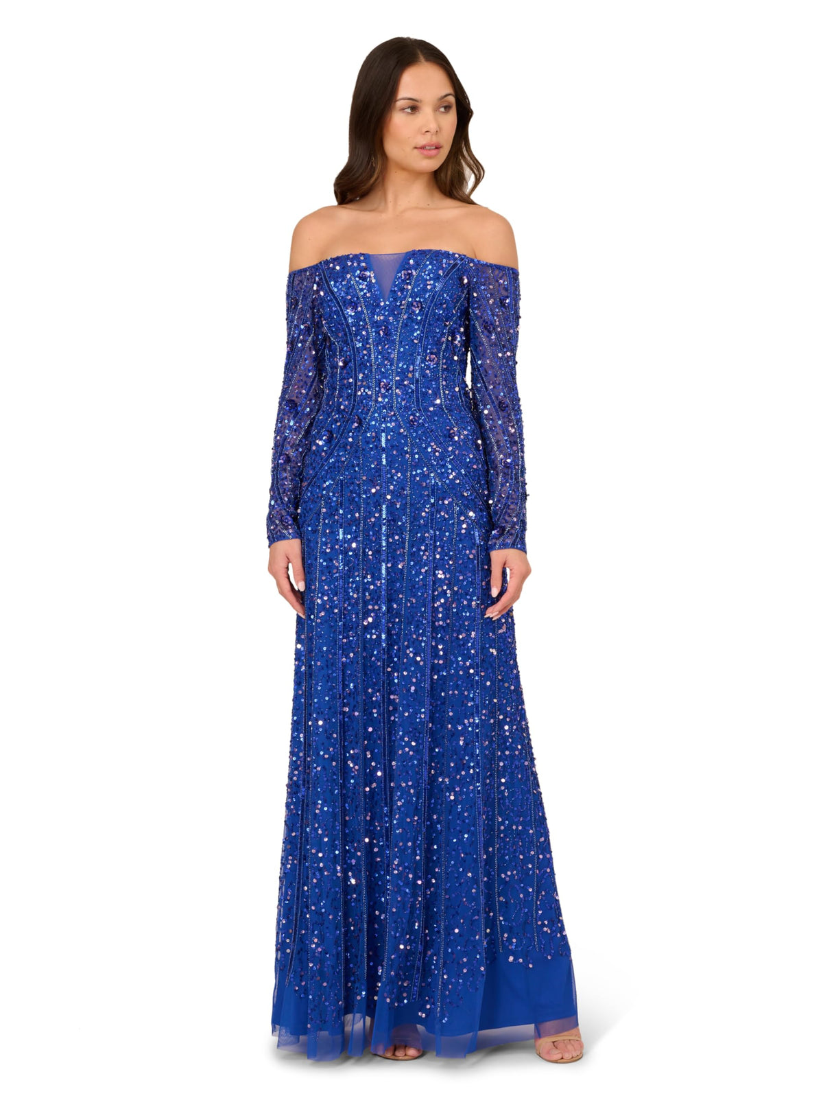 Adrianna Papell Womens Beaded Off Shoulder Gown