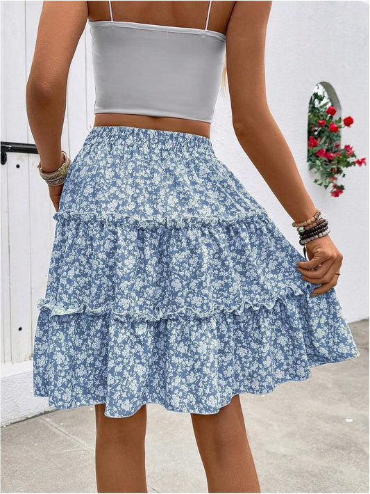 Verdusa Women's Boho Floral Tiered Ruffle Skirts Flowy Flared Summer Knee Length Midi Skirt