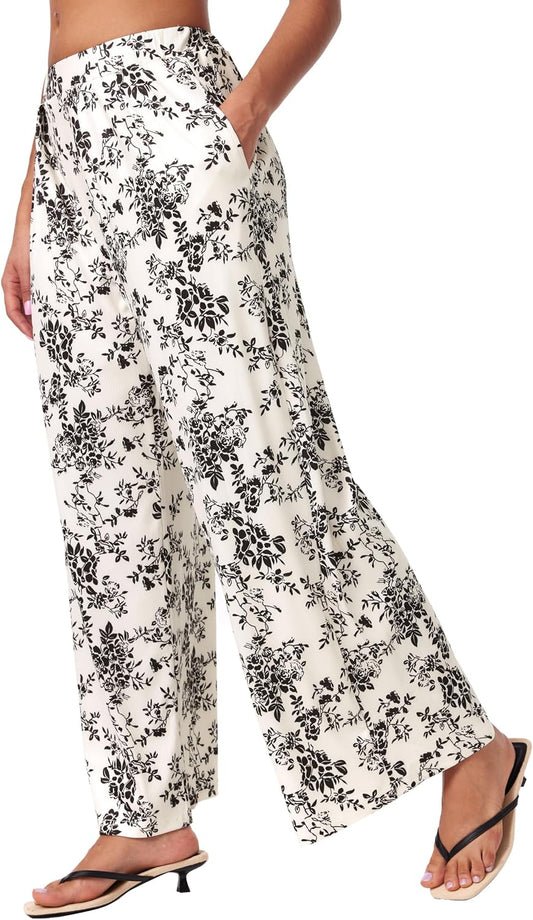 CIDER Palazzo Pants for Women Wide Leg Flowy Pants with Pockets Elastic Mid Waist Summer Beach Vacation Outfits Lightweight