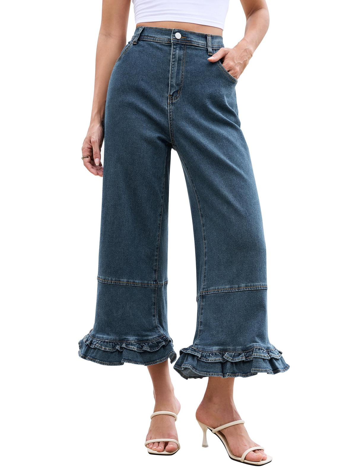 Eddoyee Women's Wide Leg Ruffle Hem Baggy Pants