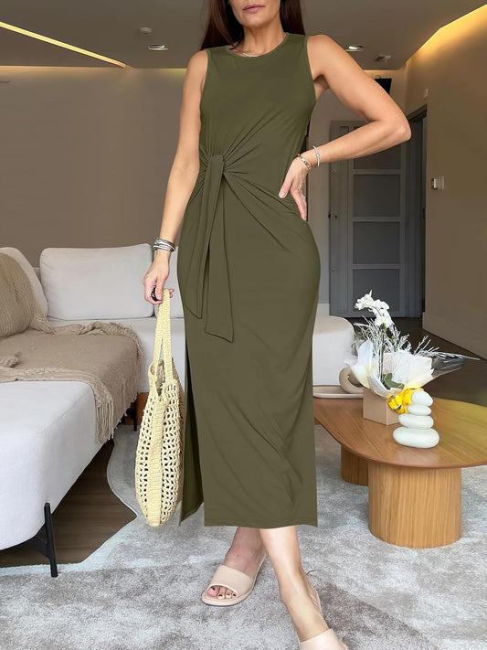 ANRABESS Womens Summer Casual Sleeveless T Shirt Midi Dress Slim Fit Tie Waist Split Tank Long Dresses 2026 Vacation Sundress